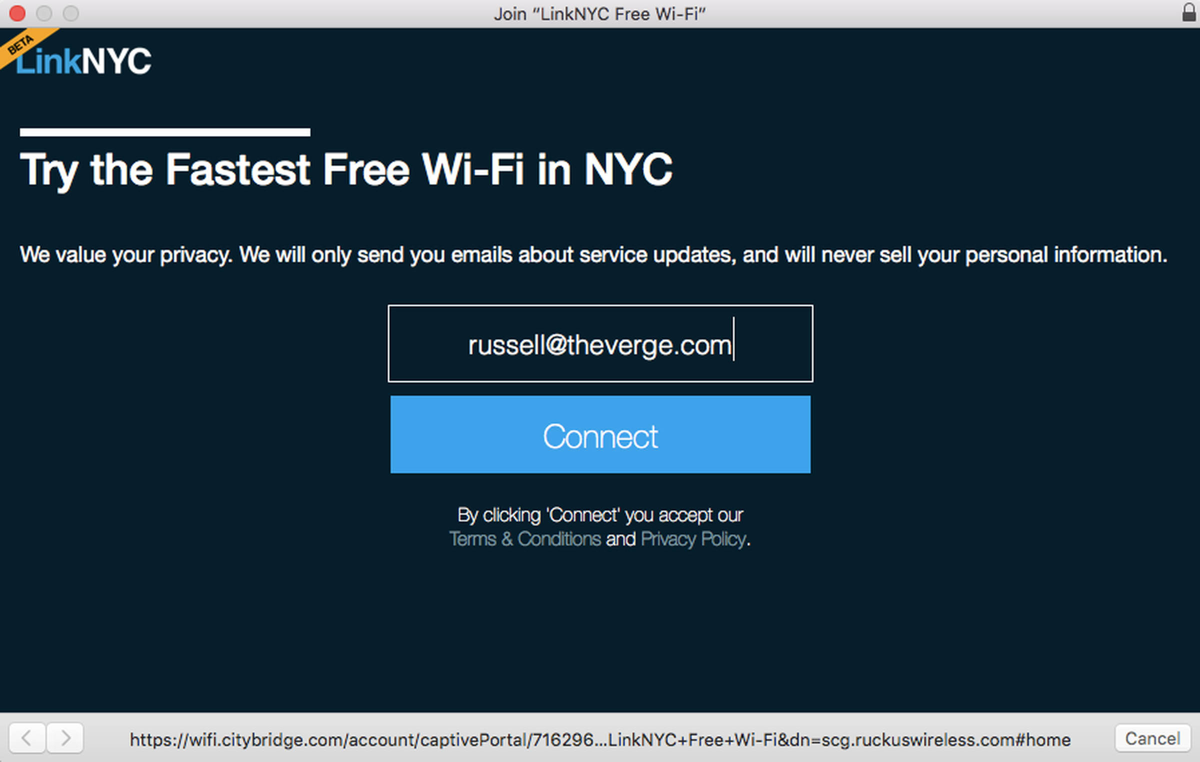 LinkNYC login screen