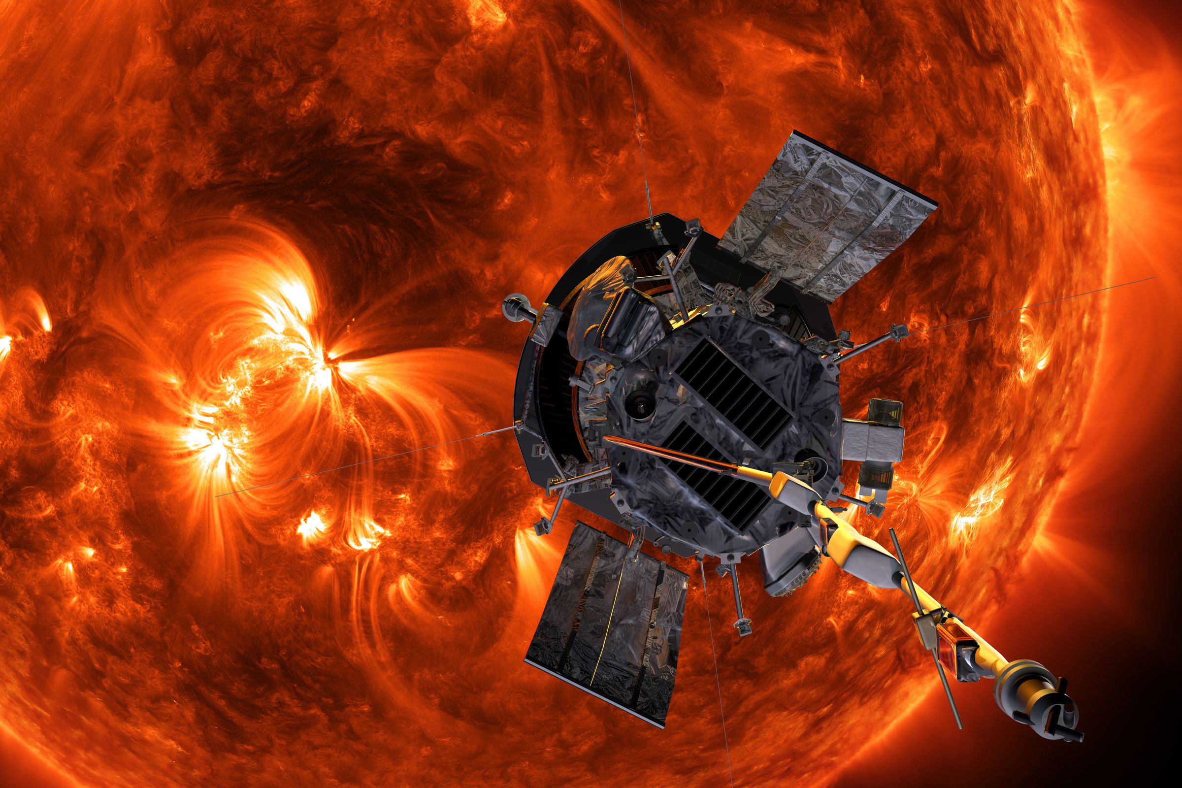 An artistic rendering of the Parker Solar Probe in the Sun’s corona.
