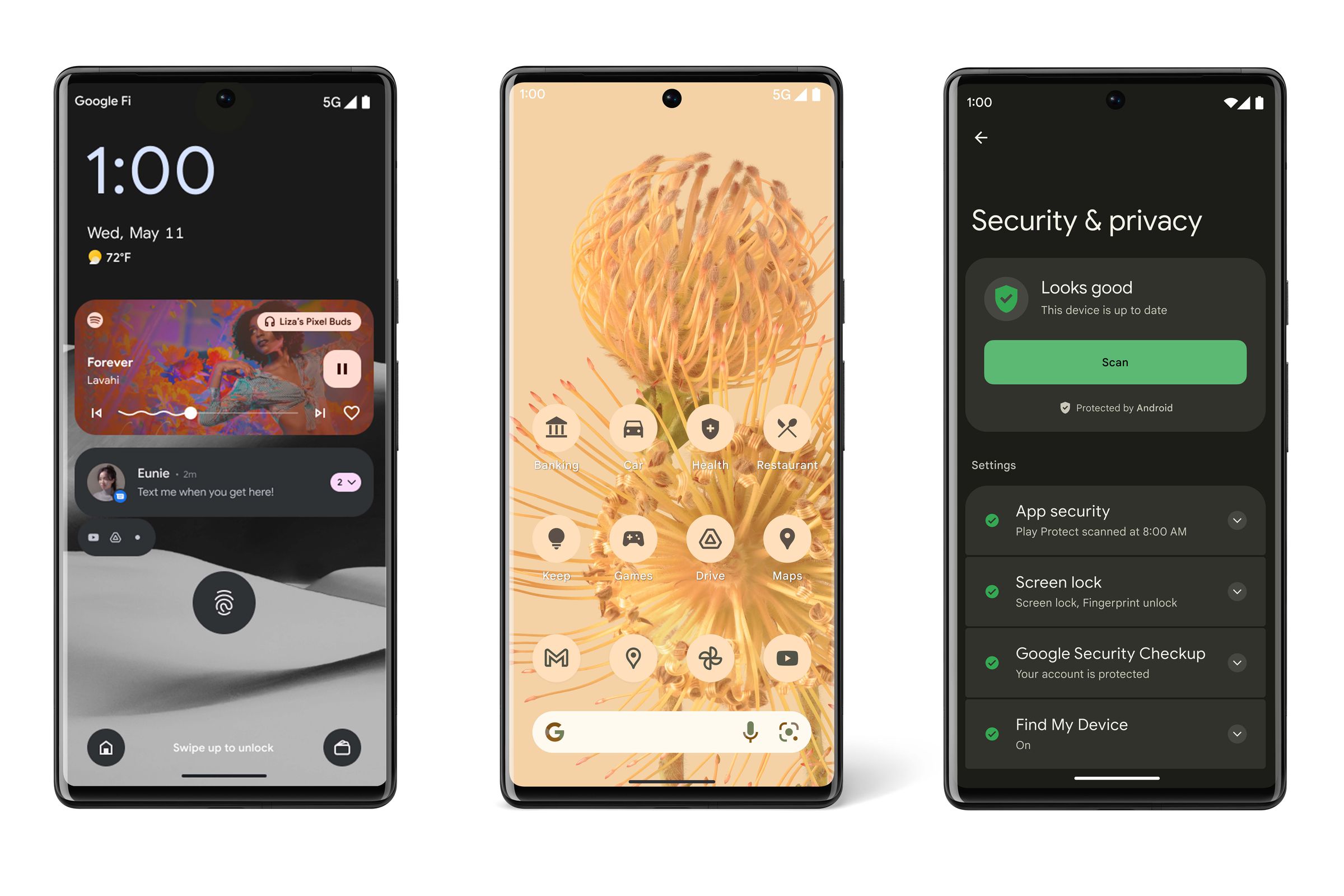 From left to right: Android 13’s newly themed media controls, Material You app icons, and new Security and Privacy menu.