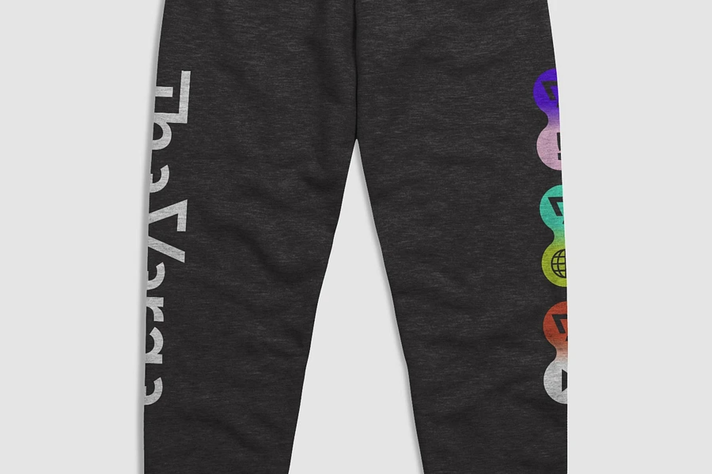 Black jogger pants with The Verge logo and icons
