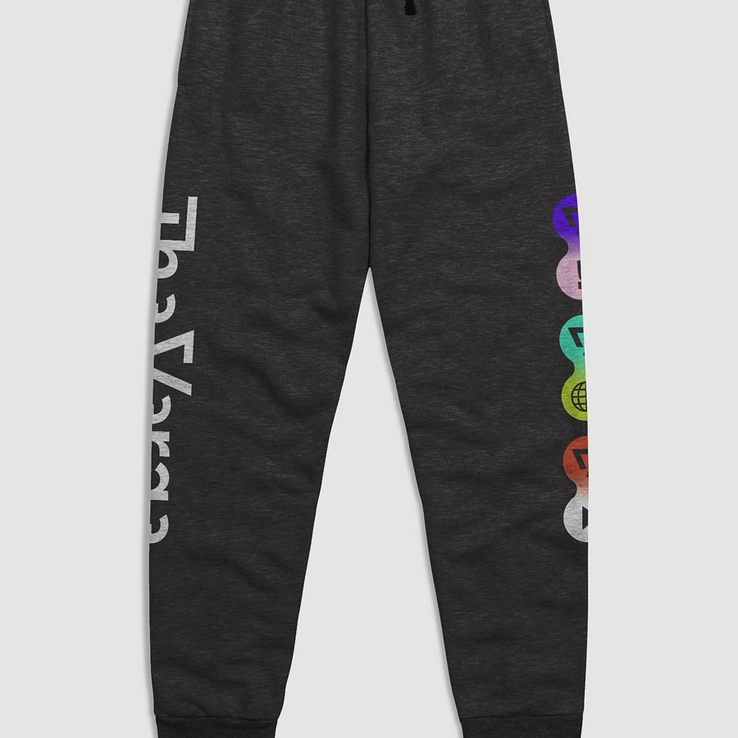 Black jogger pants with The Verge logo and icons