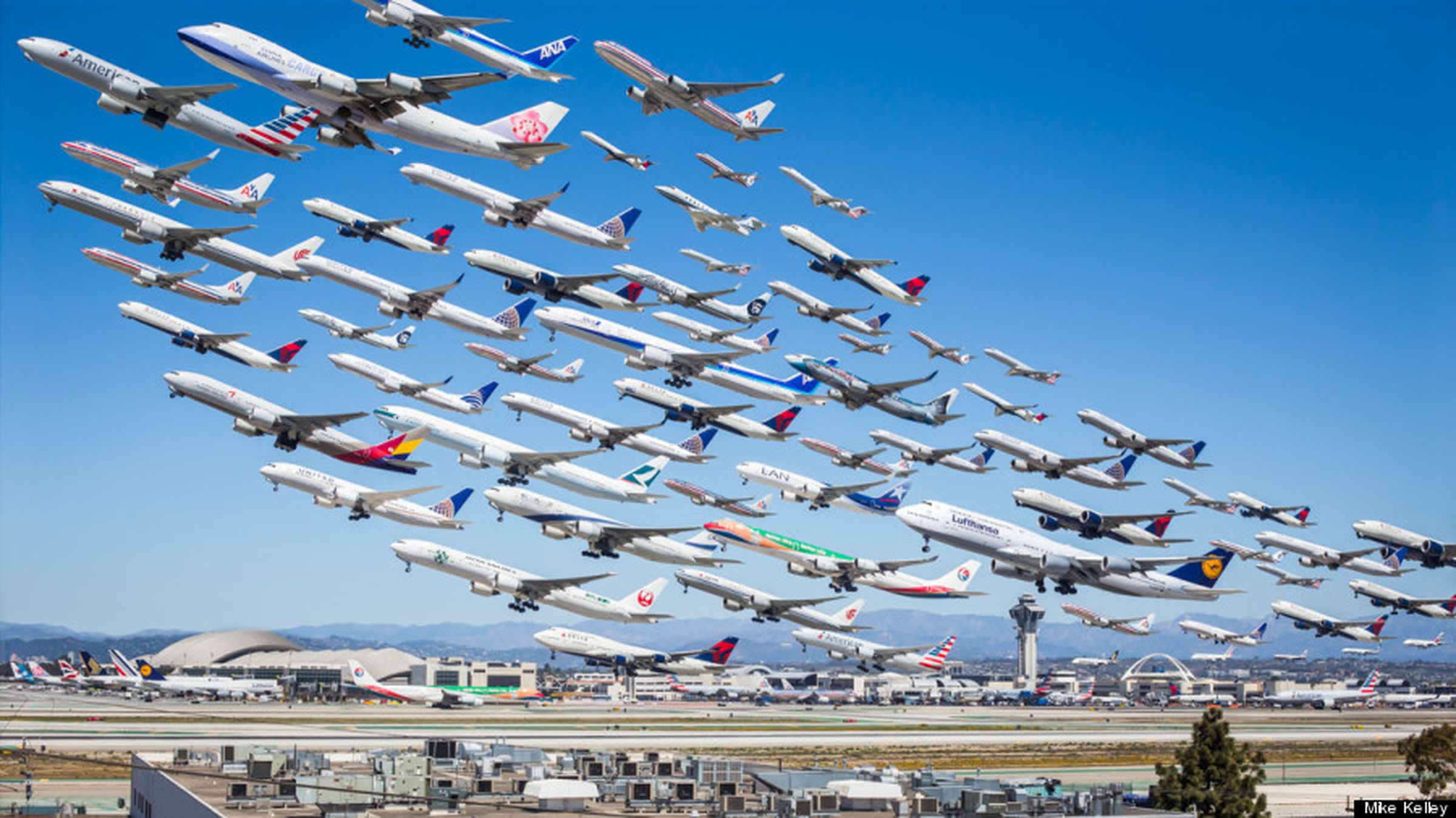 Composite photo of every plane that took off from LAX over the course of a day.