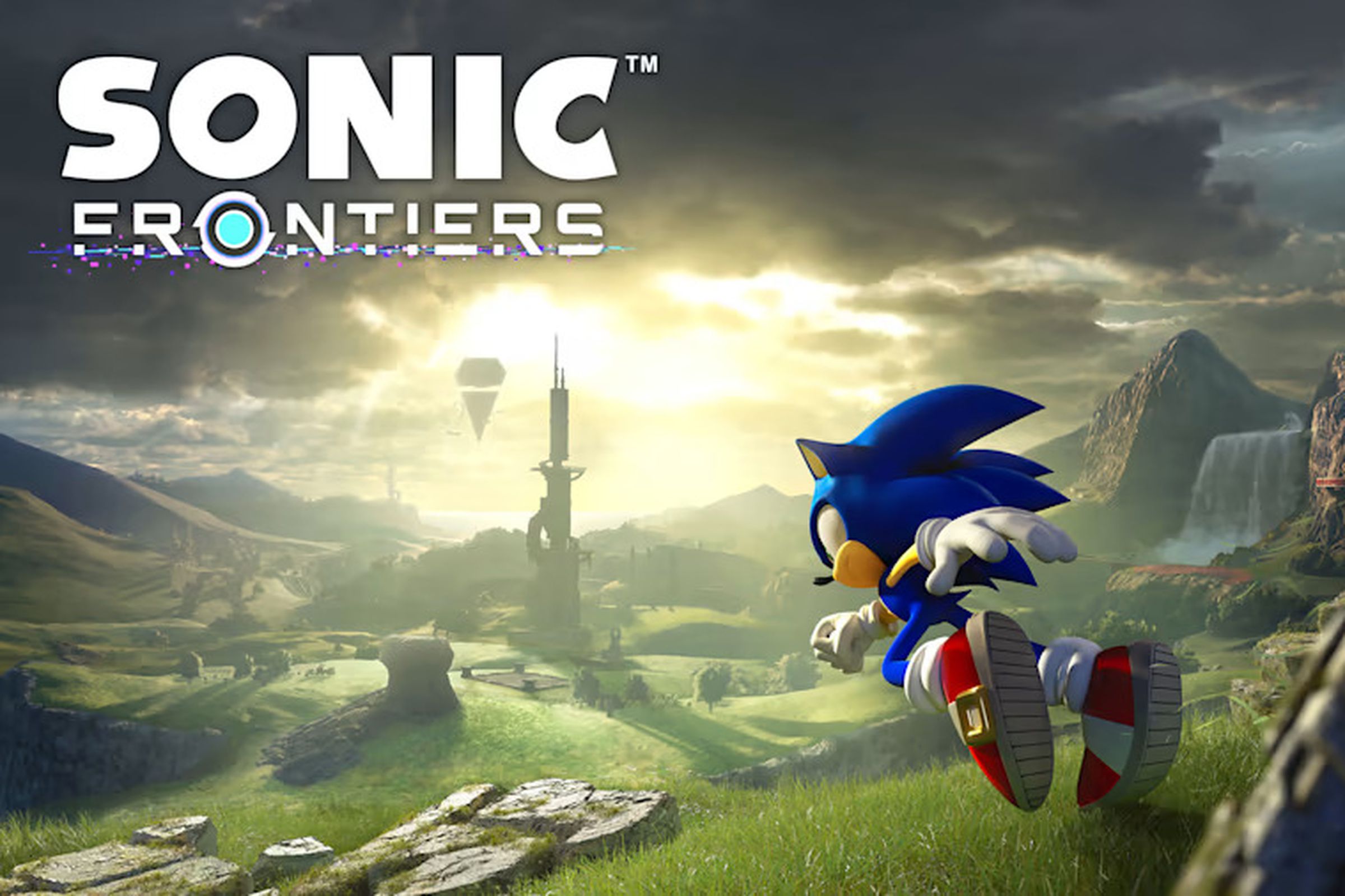 Sonic the Hedgehog leaping into the distance toward a tall tower encircled by stone ruins