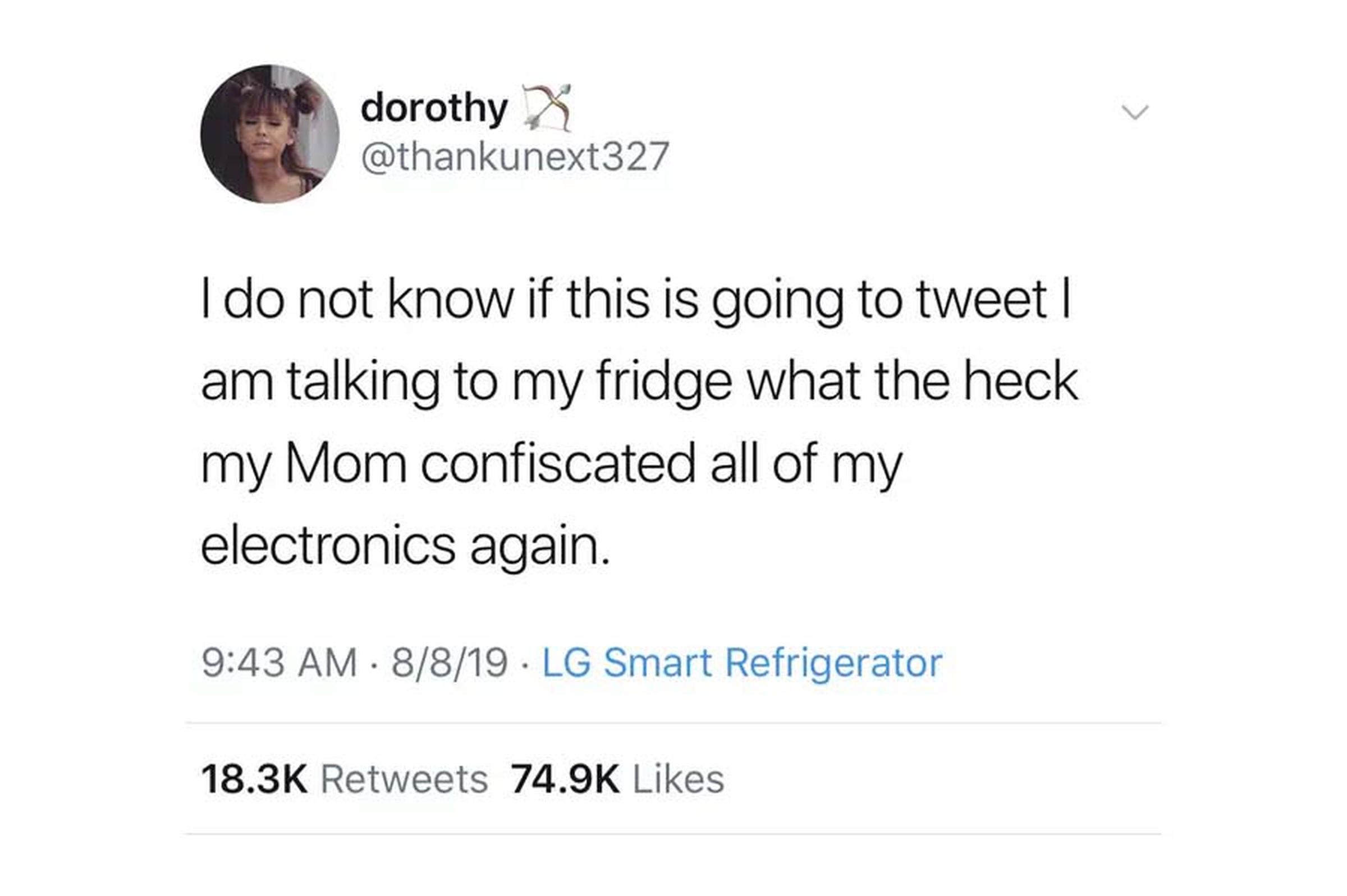 A screenshot of Dorothy’s now-deleted LG smart fridge tweet.