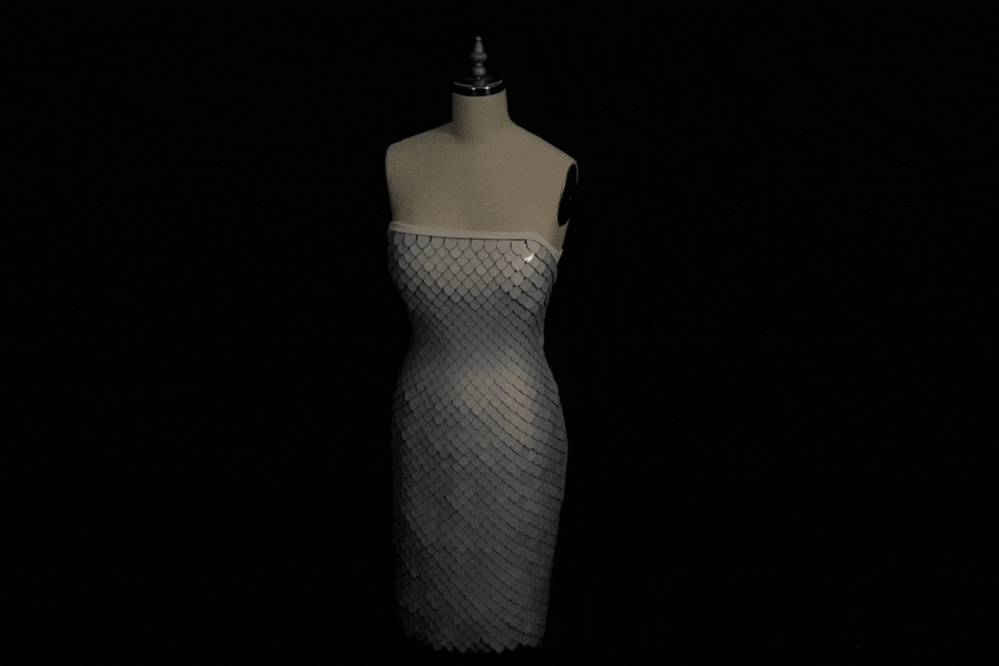 A short dress on a mannequin that displays different patterns and animations.