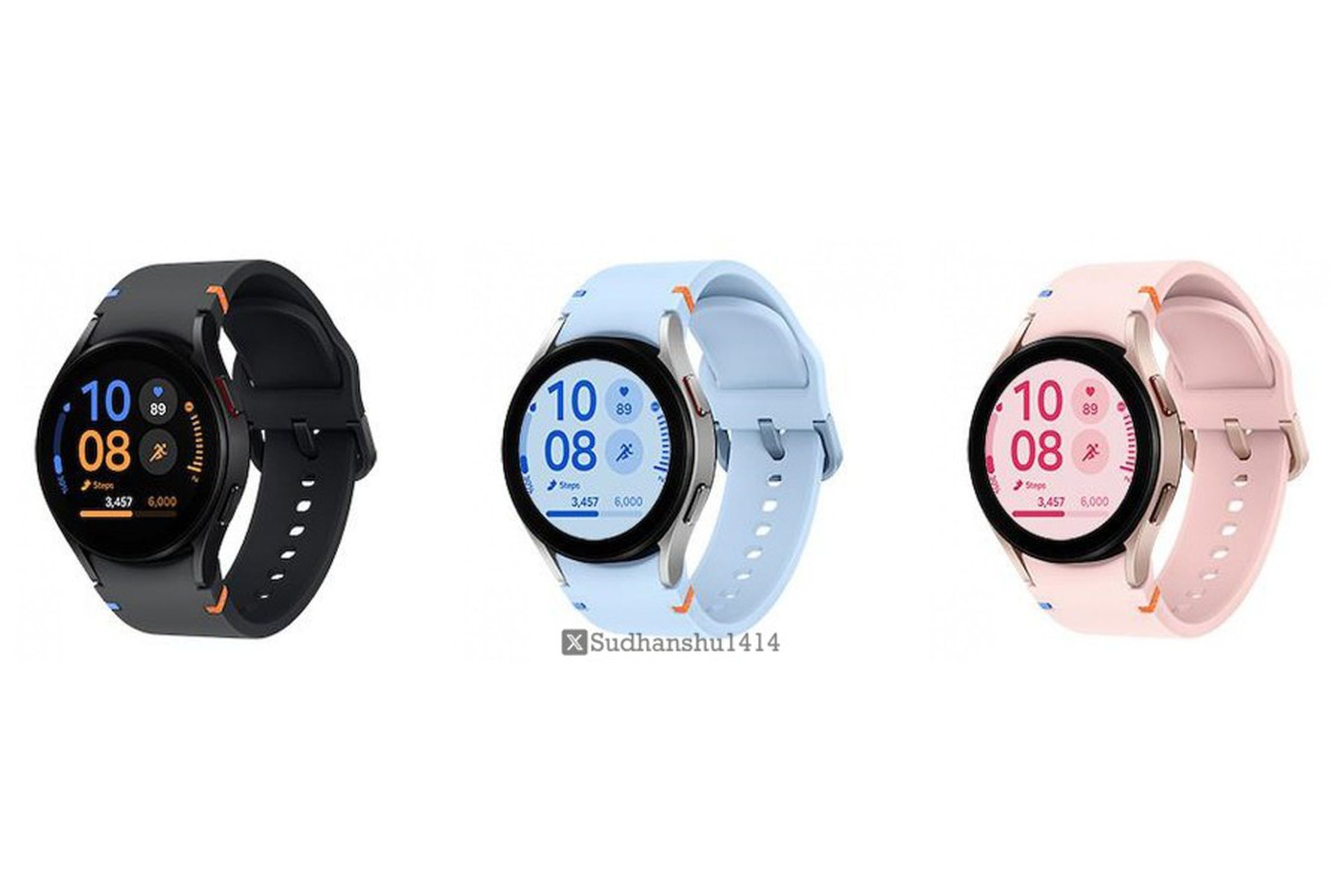 A leaked image showing what appears to be the Samsung Galaxy Watch FE in black, blue, and pink