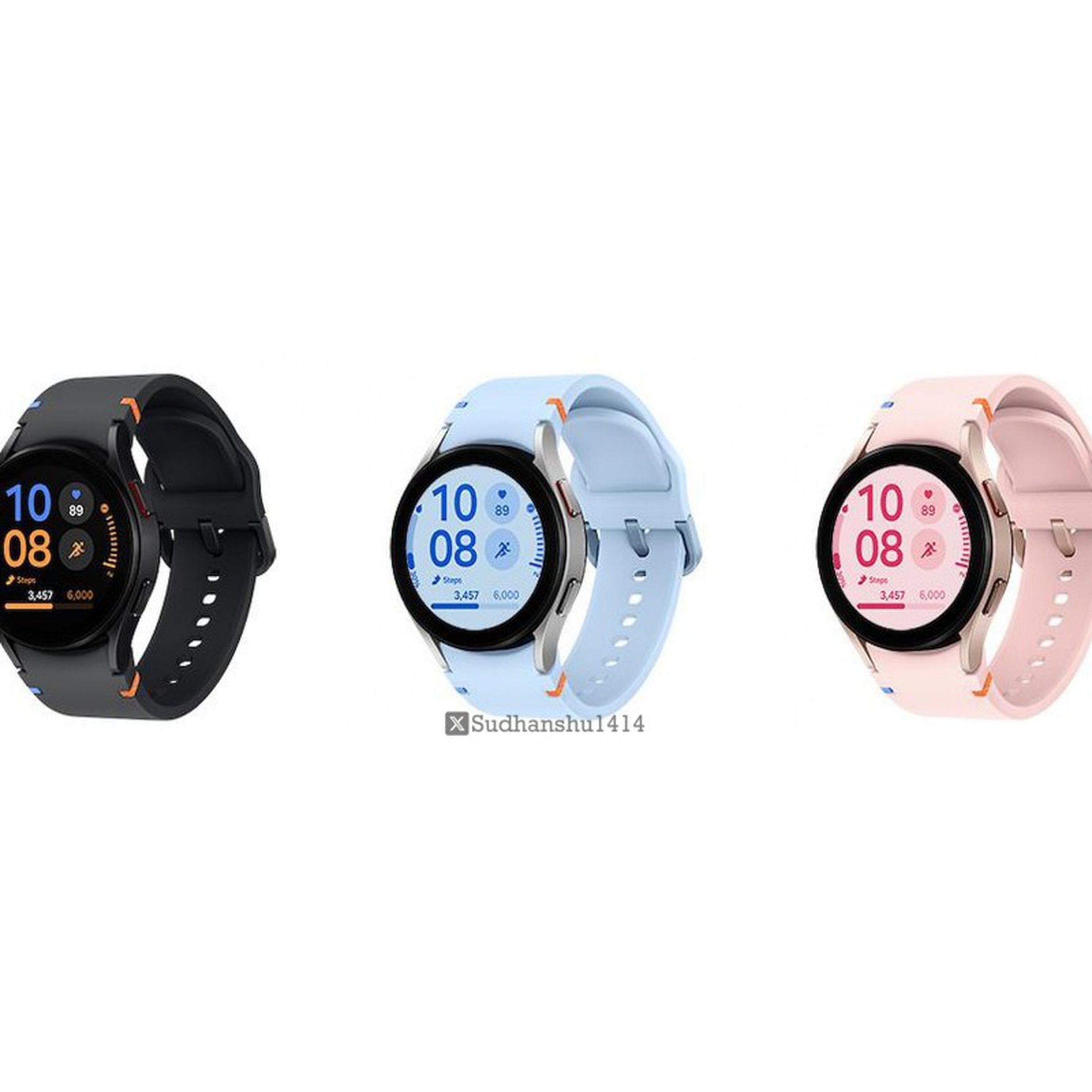 A leaked image showing what appears to be the Samsung Galaxy Watch FE in black, blue, and pink