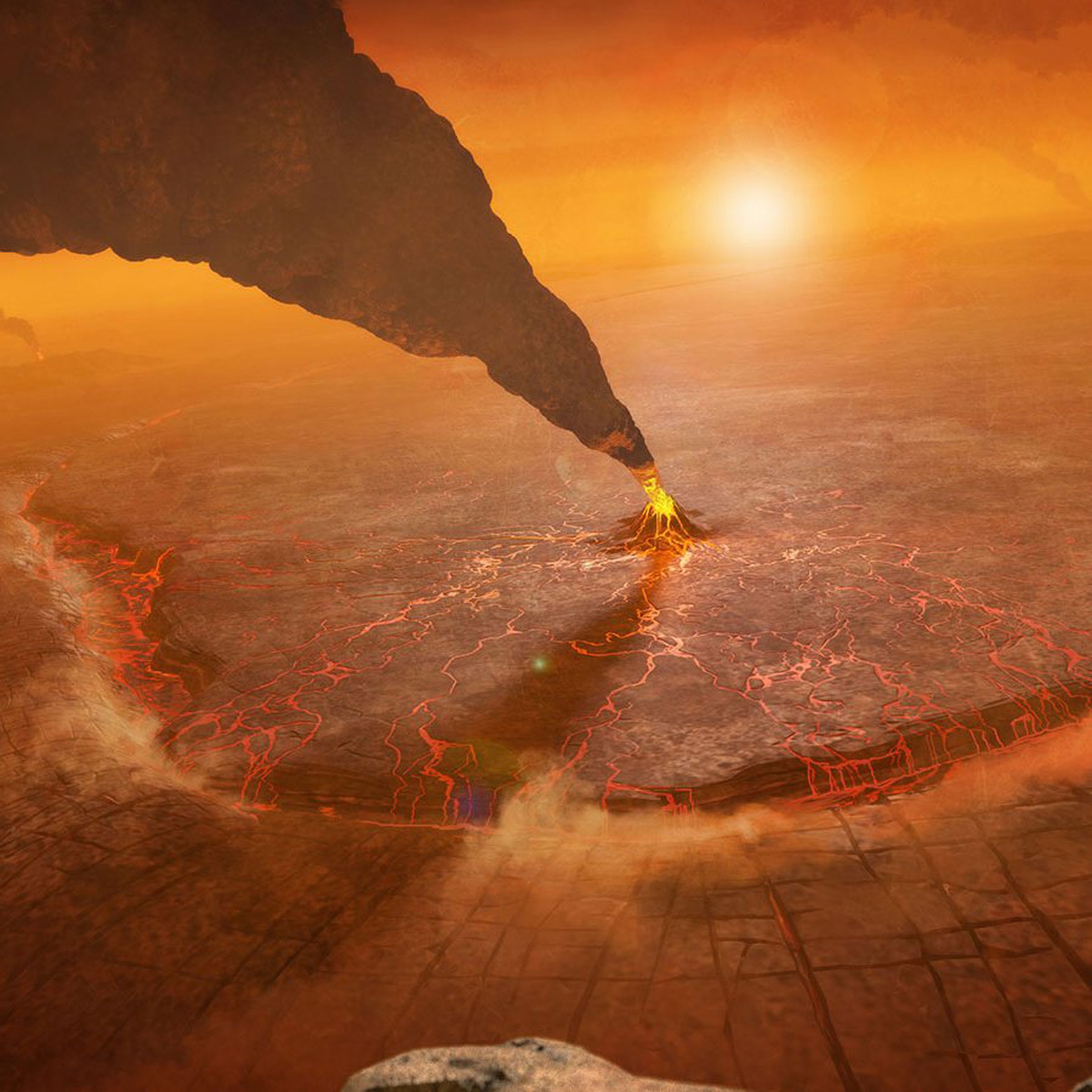 This artist’s conception illustrates a region of Venus that may have active volcanism and subduction, where the surface is sinking into the mantle.