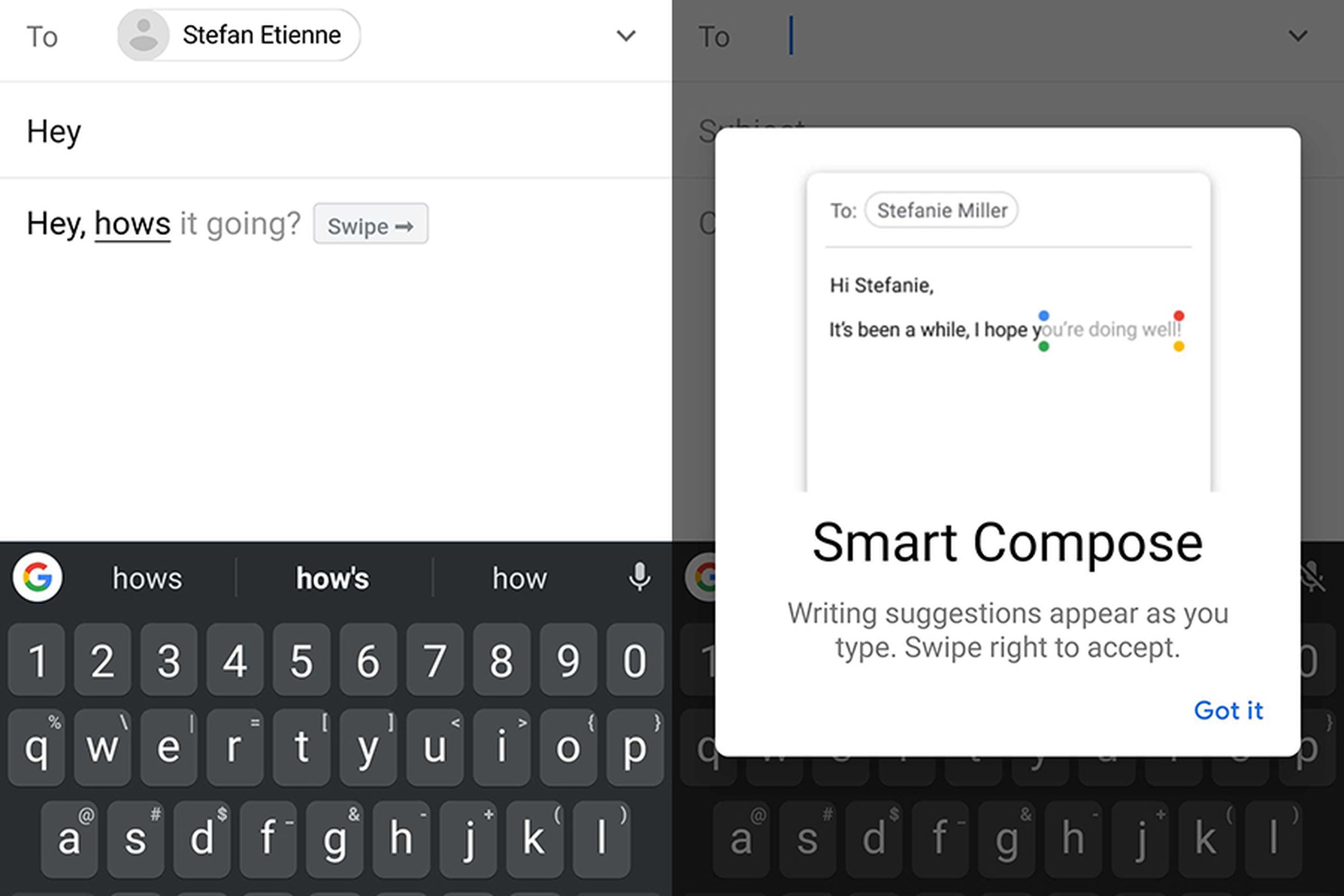 Smart Compose running on the Galaxy S10+