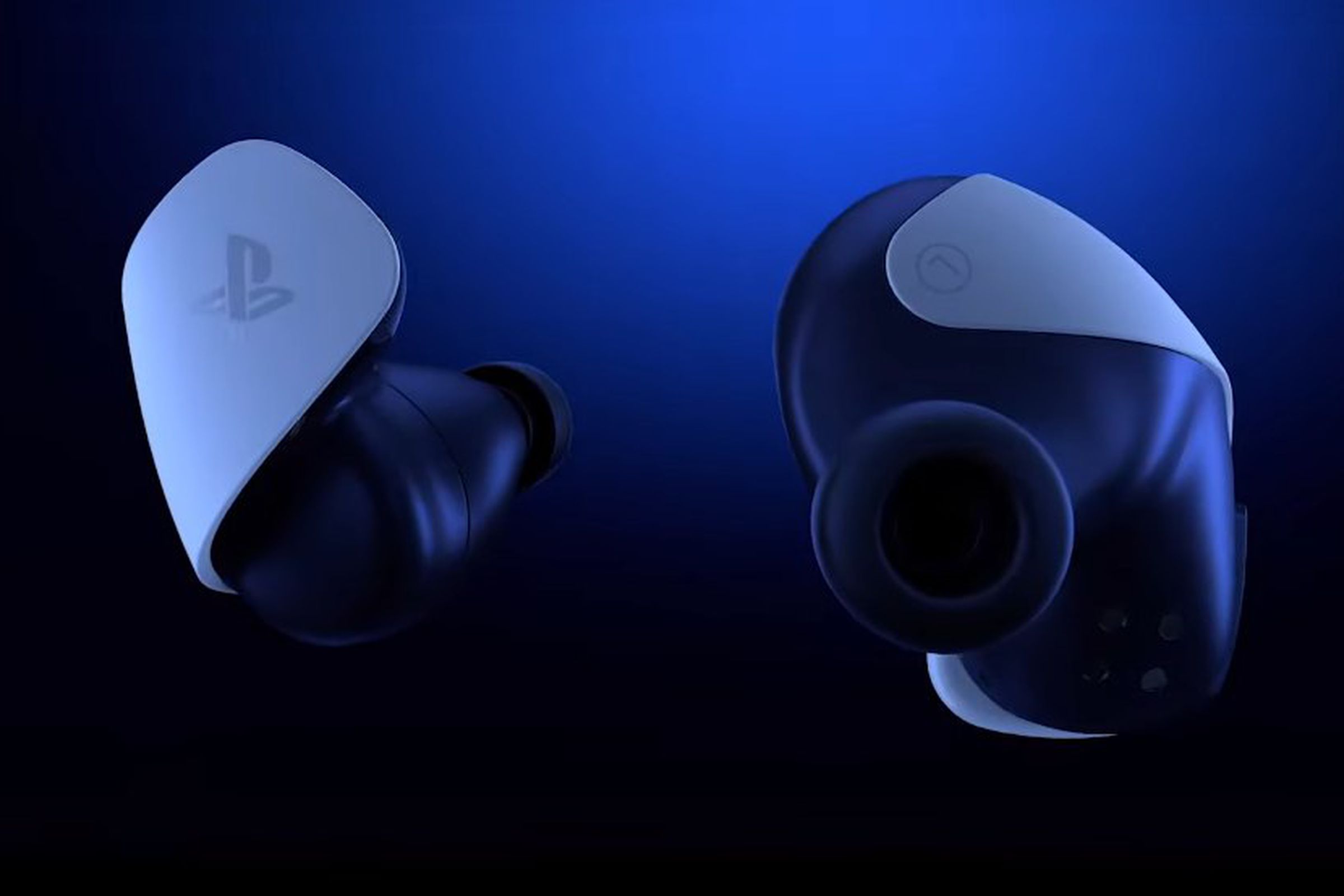 Pair of PlayStation earbuds shown floating freely