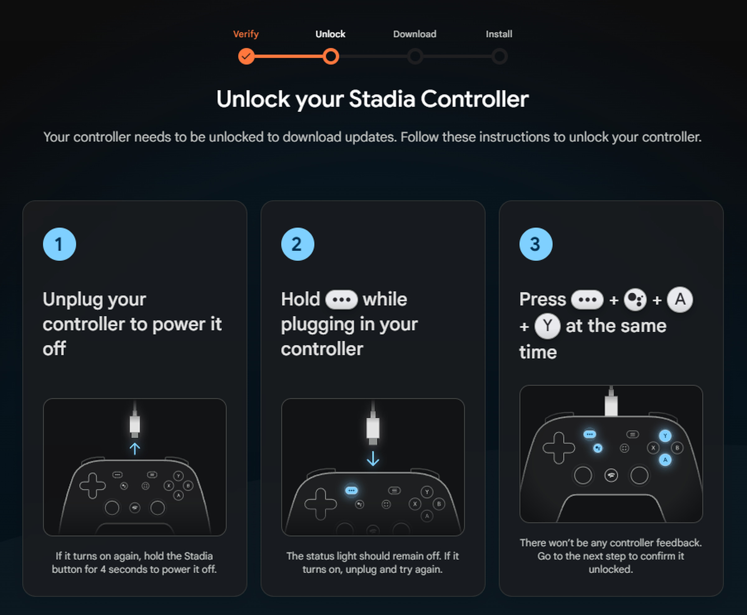 A screenshot showing how to put your Google Stadia controller into Bluetooth mode