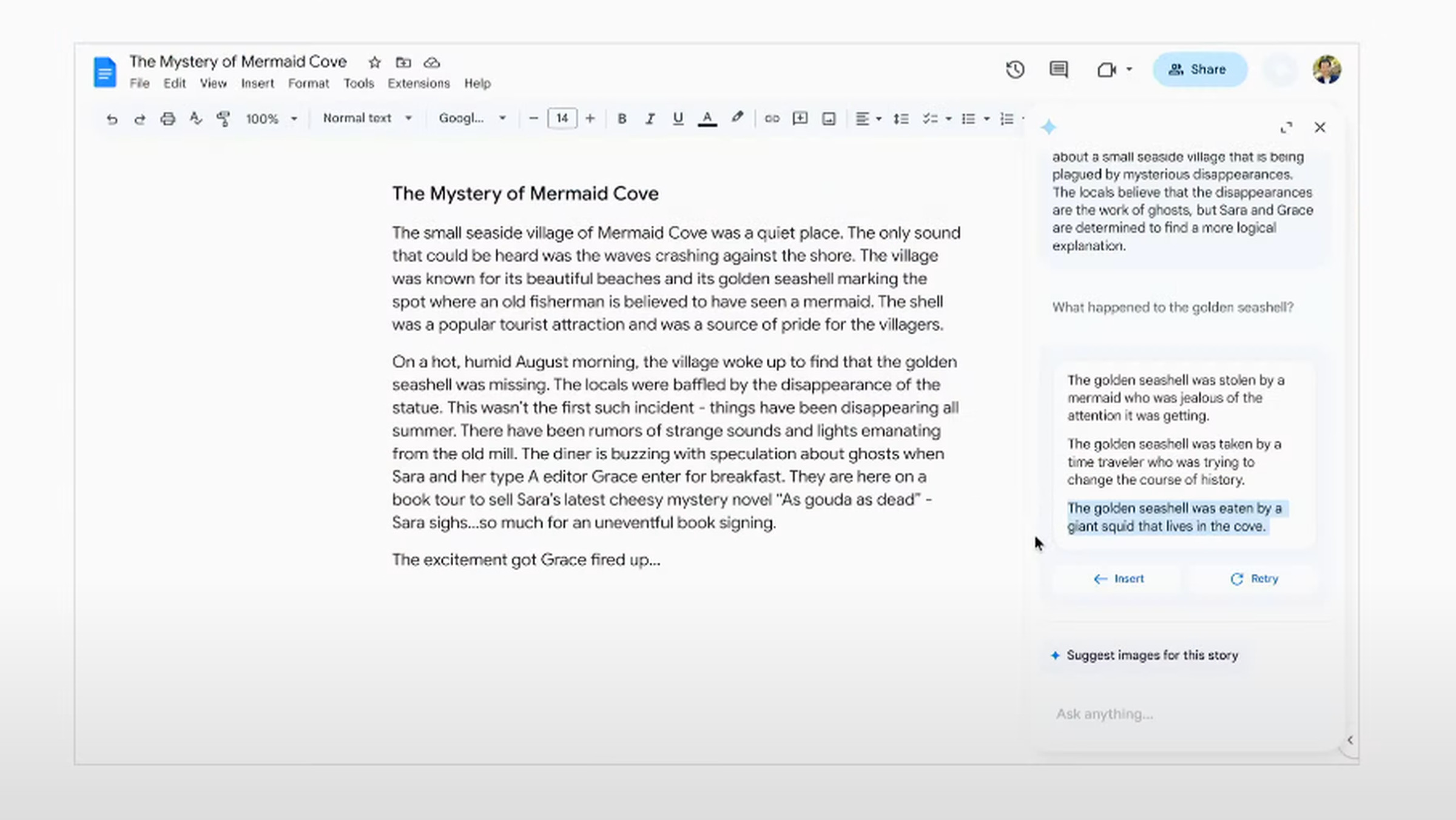A screenshot of Google Docs document with an AI assistant asking questions in a sidepanel.