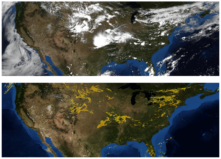 Google’s work used radar data to predict rainfall. The top image shows cloud location, while the bottom image shows rainfall. 