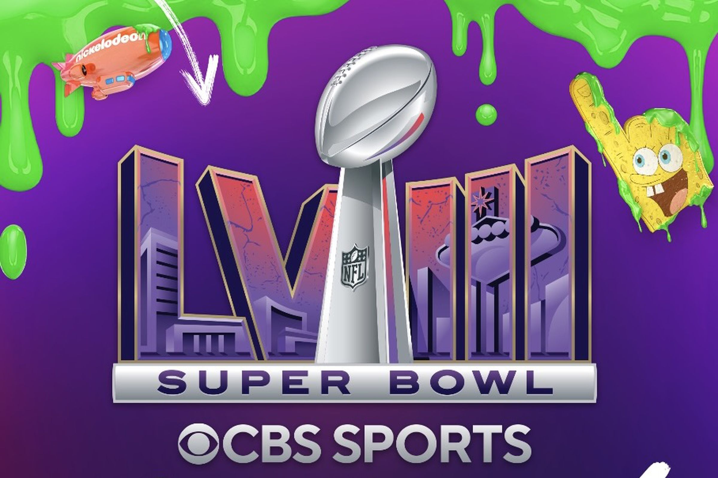 Super Bowl 58 logo with green slime dripping from the corners and a SpongeBob SquarePants number one bleacher glove.