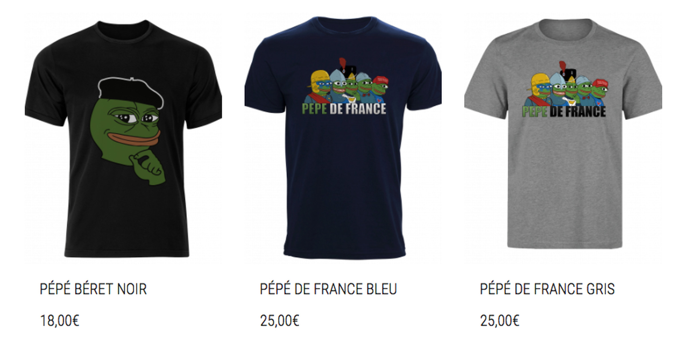 Screenshot of Pepe t-shirts sold on the website Bonne Dégaine.