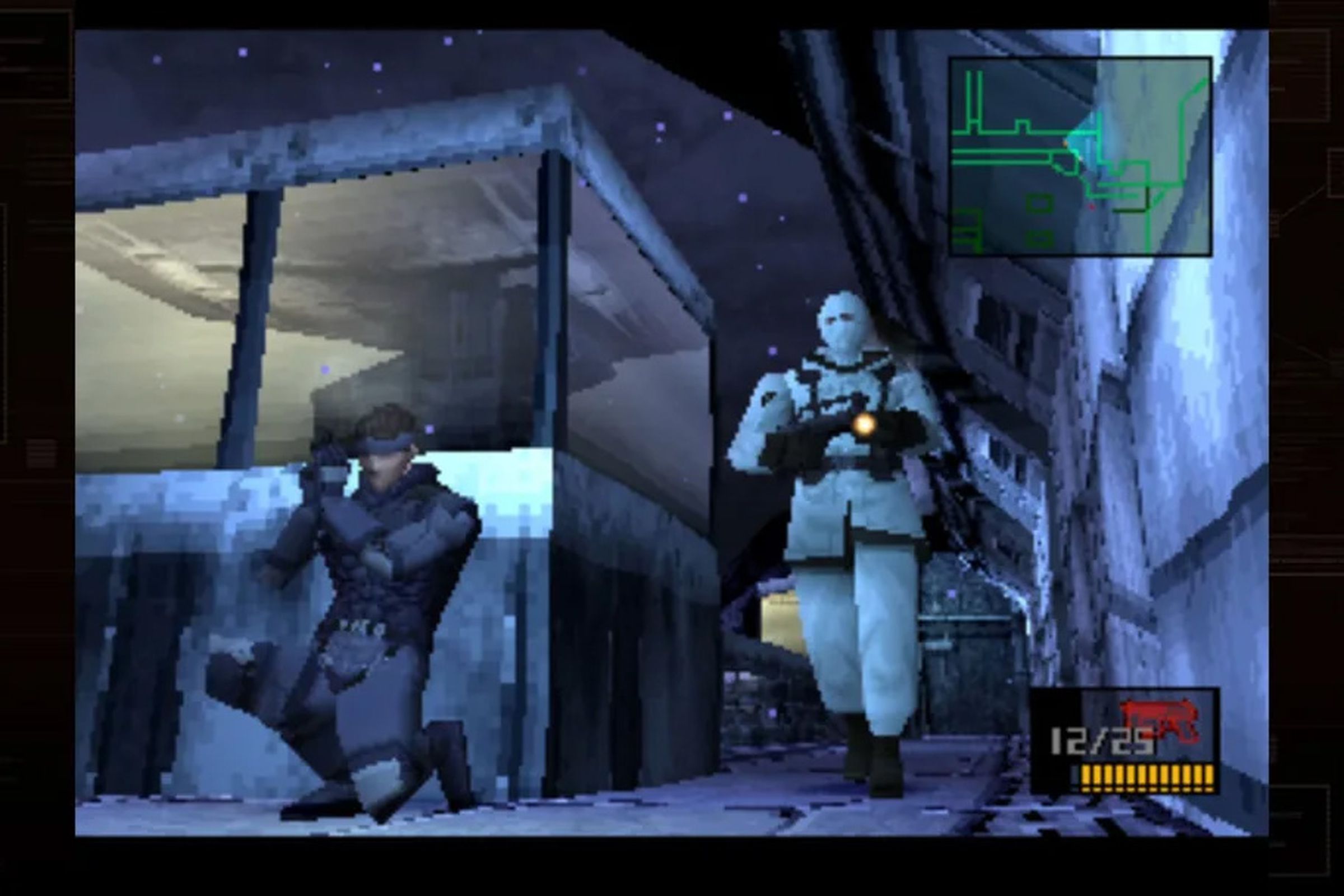 Solid Snake crouches to hide from an enemy.
