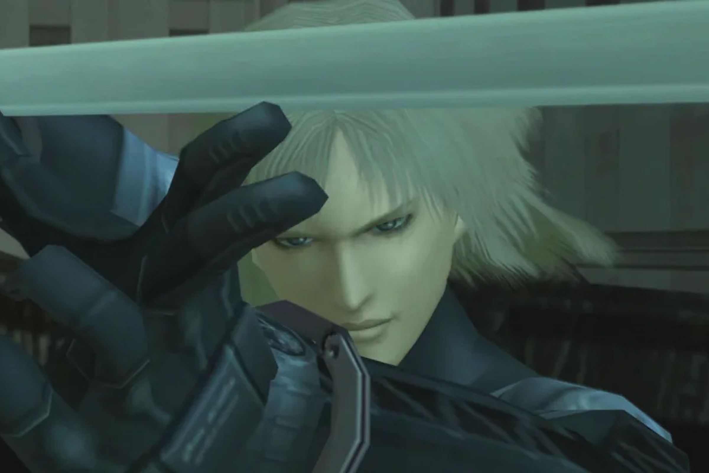 Raiden holding a sword, looking to camera.