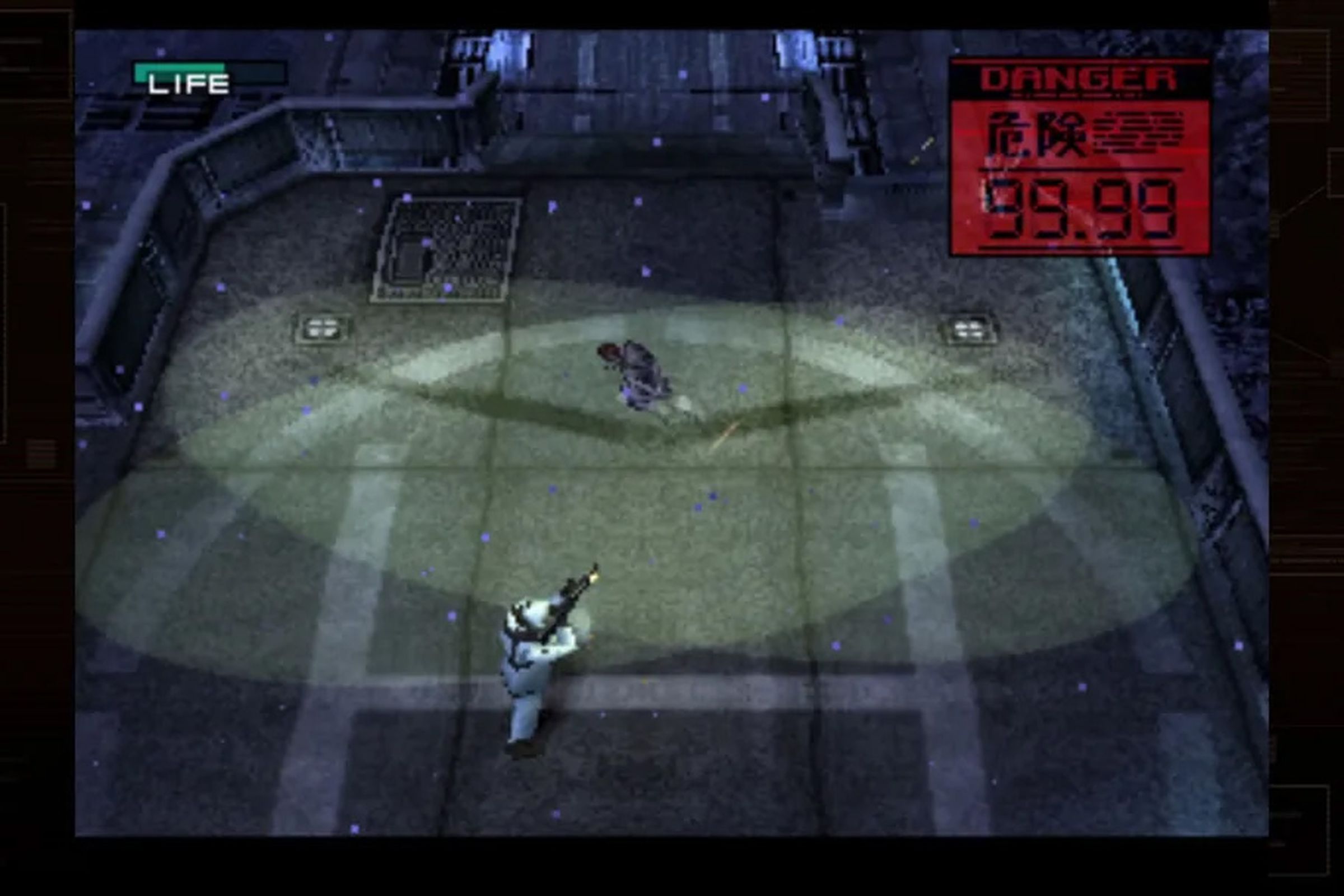 Solid Snake being chased across a helipad.