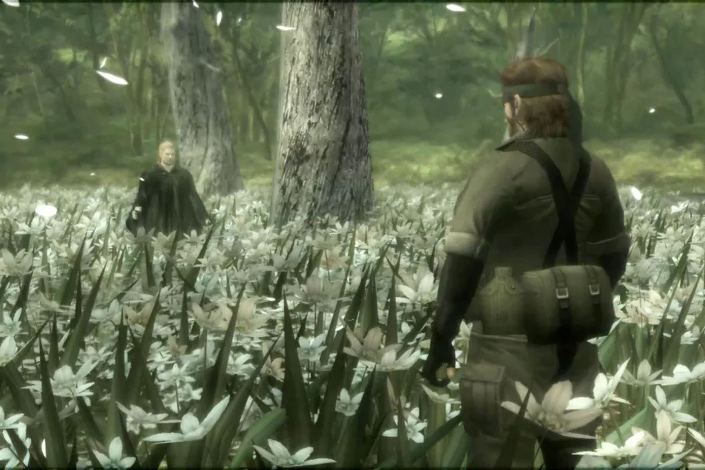 Naked Snake and The Boss face off in a field of flowers.
