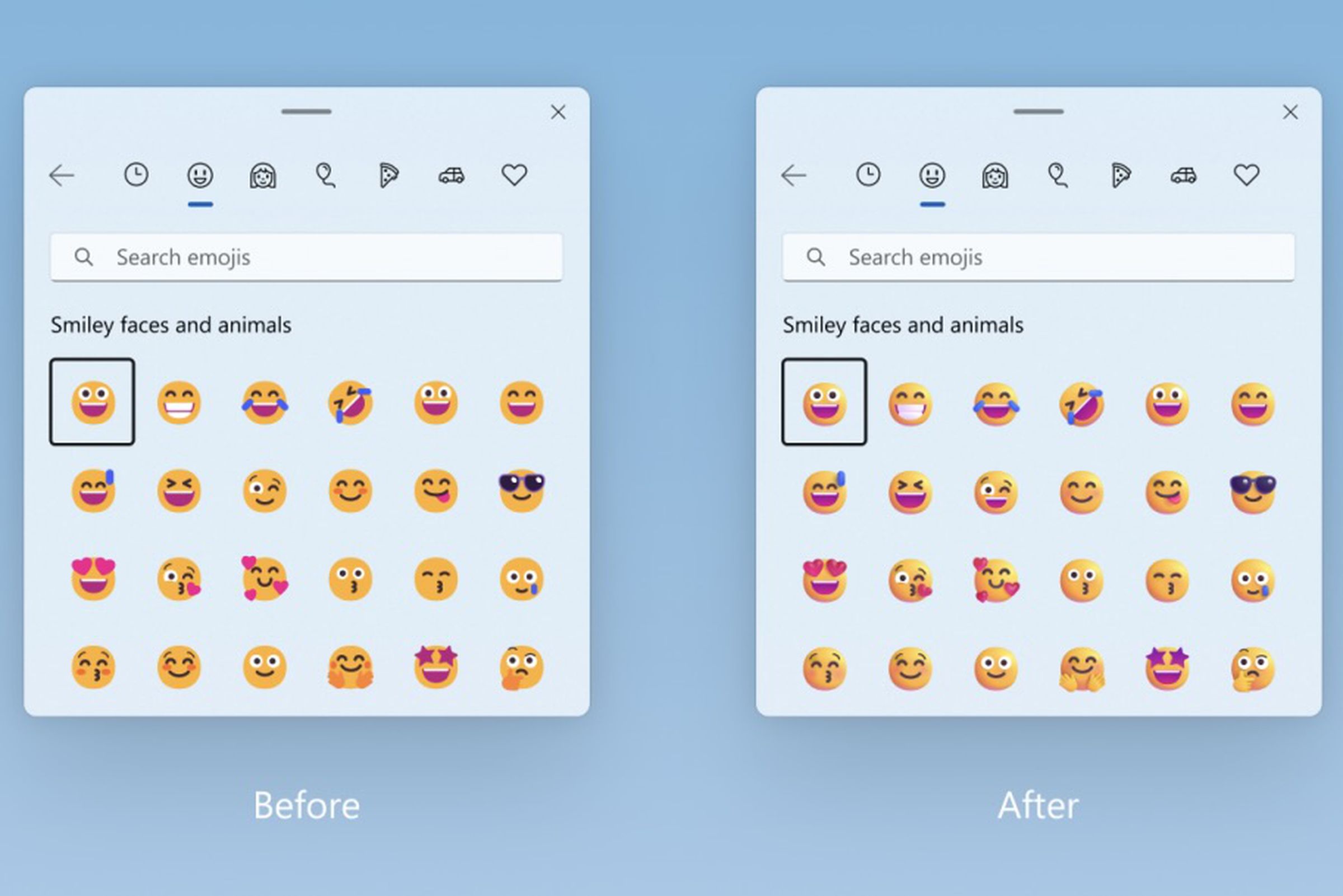 windows 11 emoji keyboard windows with before and after boxes showing a bunch of the main emoji with 3D gradients in the after box.