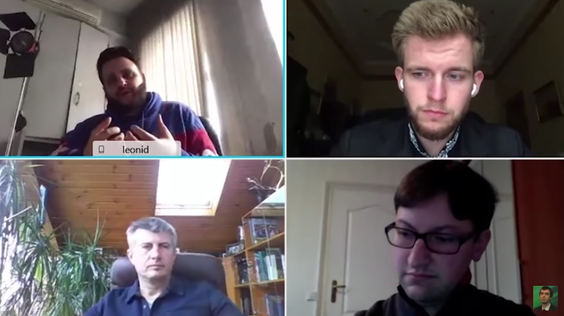 A screenshot showing Stolyarov posing as Volkov (top left), speaking with Ukrainian officials, including the country’s youngest MP, Sviatoslav Yurash (top right).