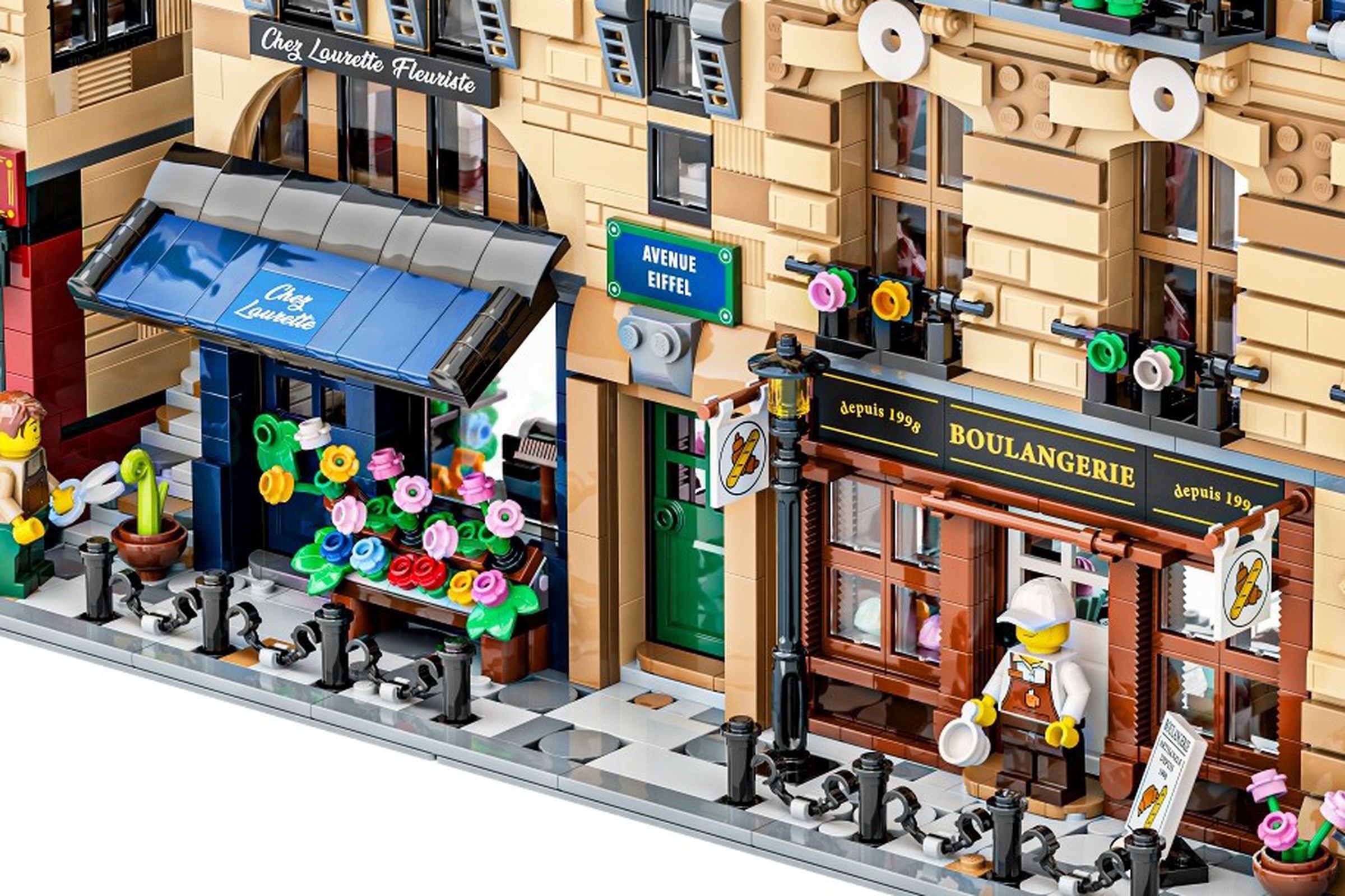 A Lego Parisian street with bakery and cafe done up with incredible detail