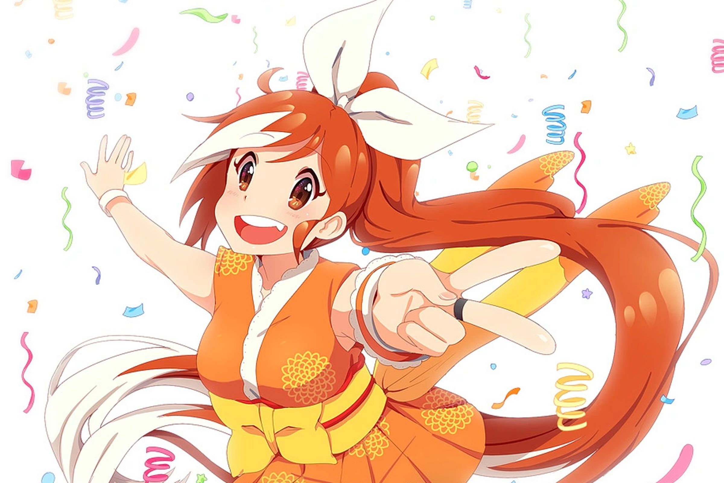 A manga-like illustration of a redheaded girl with a long ponytail wearing a short-sleeved, kimono-like dress.