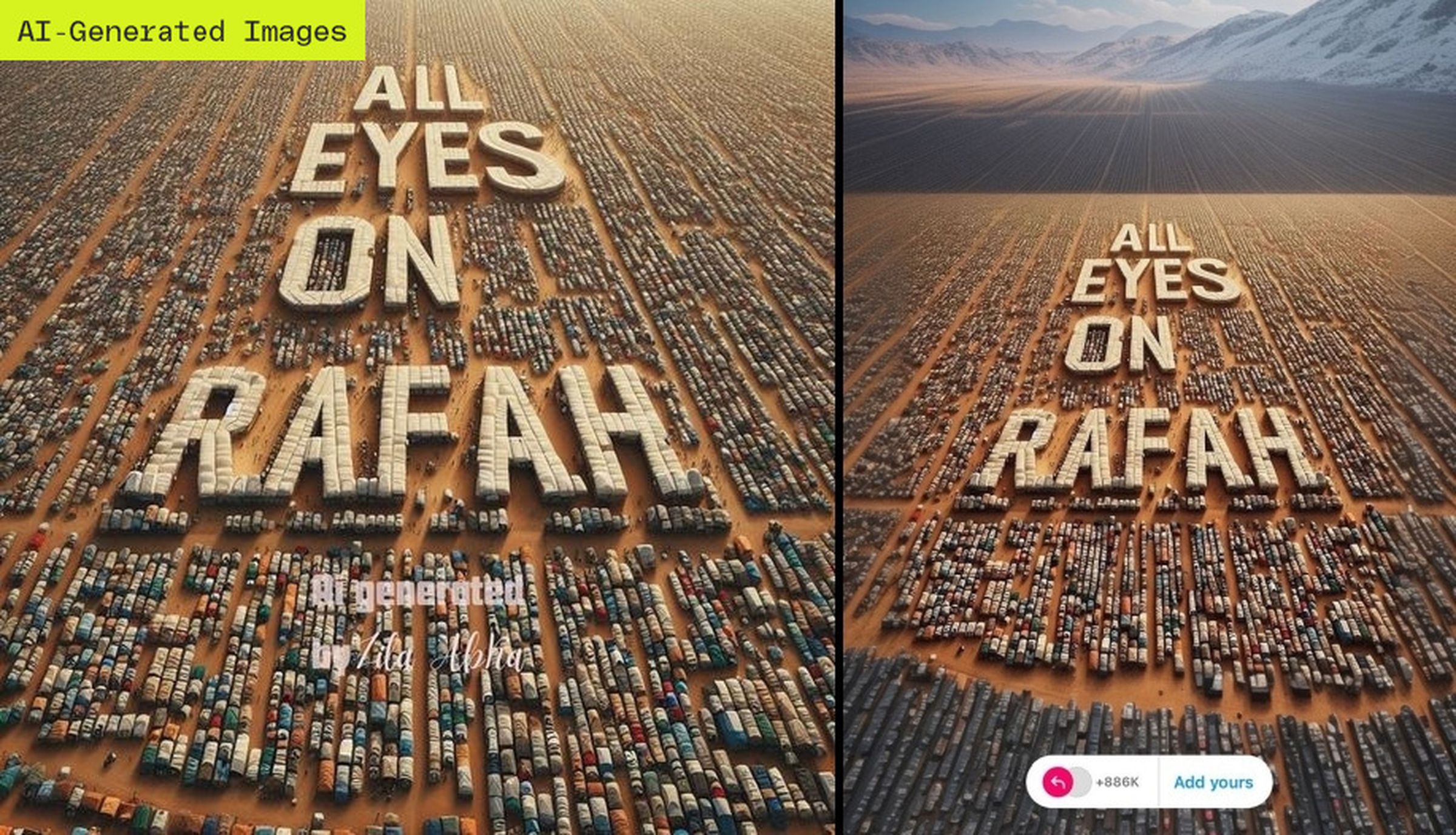 Composite image of two AI-generated images with the words “All Eyes on Rafah” surrounded by tents.