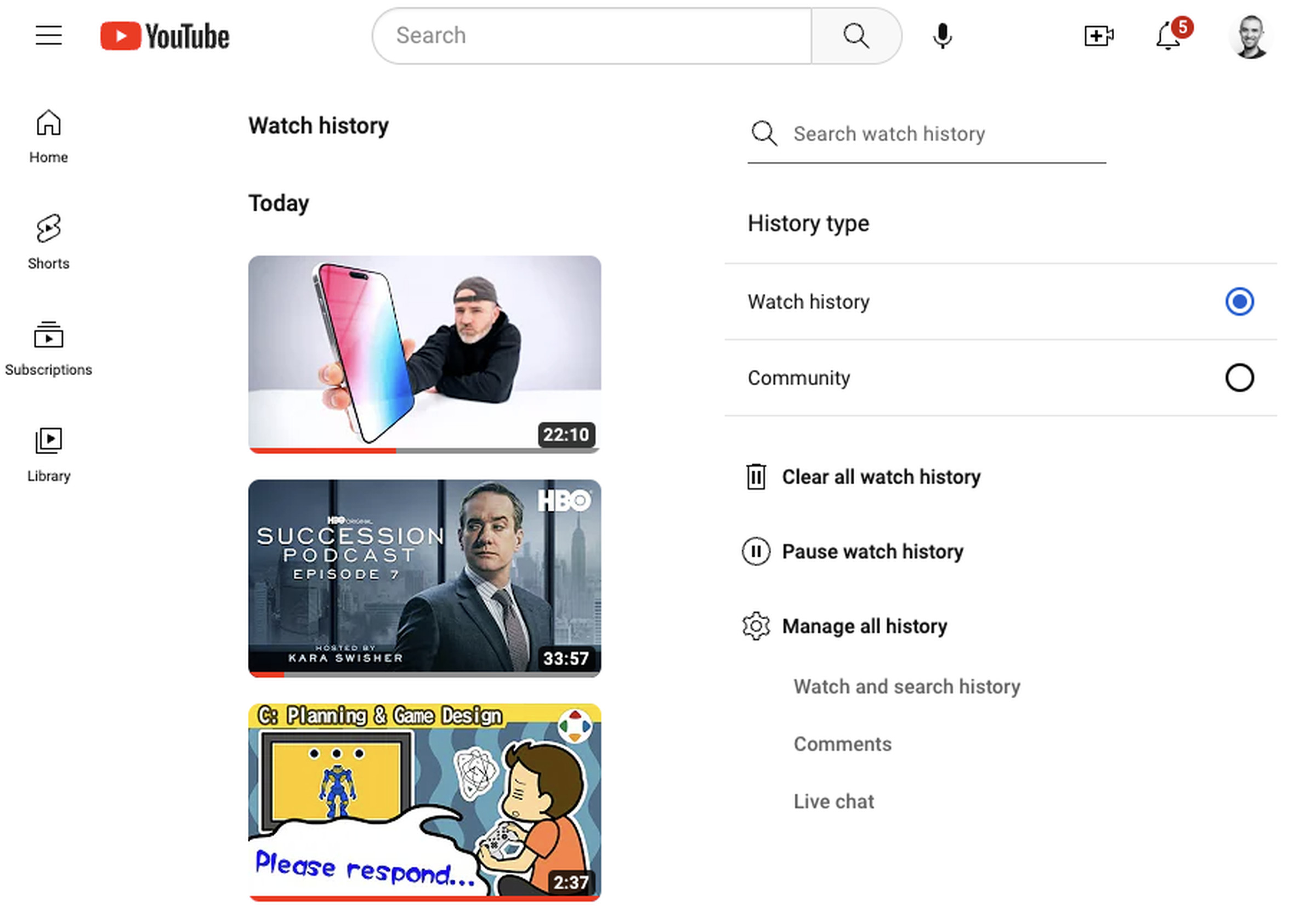 A screenshot of a YouTube watch history page.