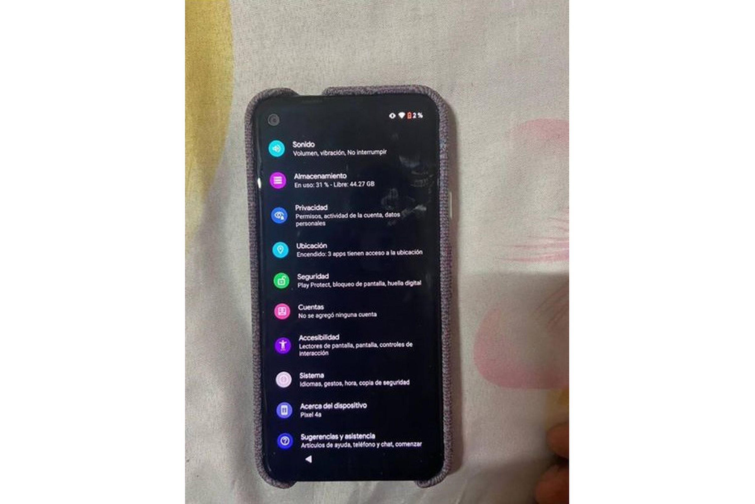 The settings menu for the device claims that it’s a Pixel 4A.