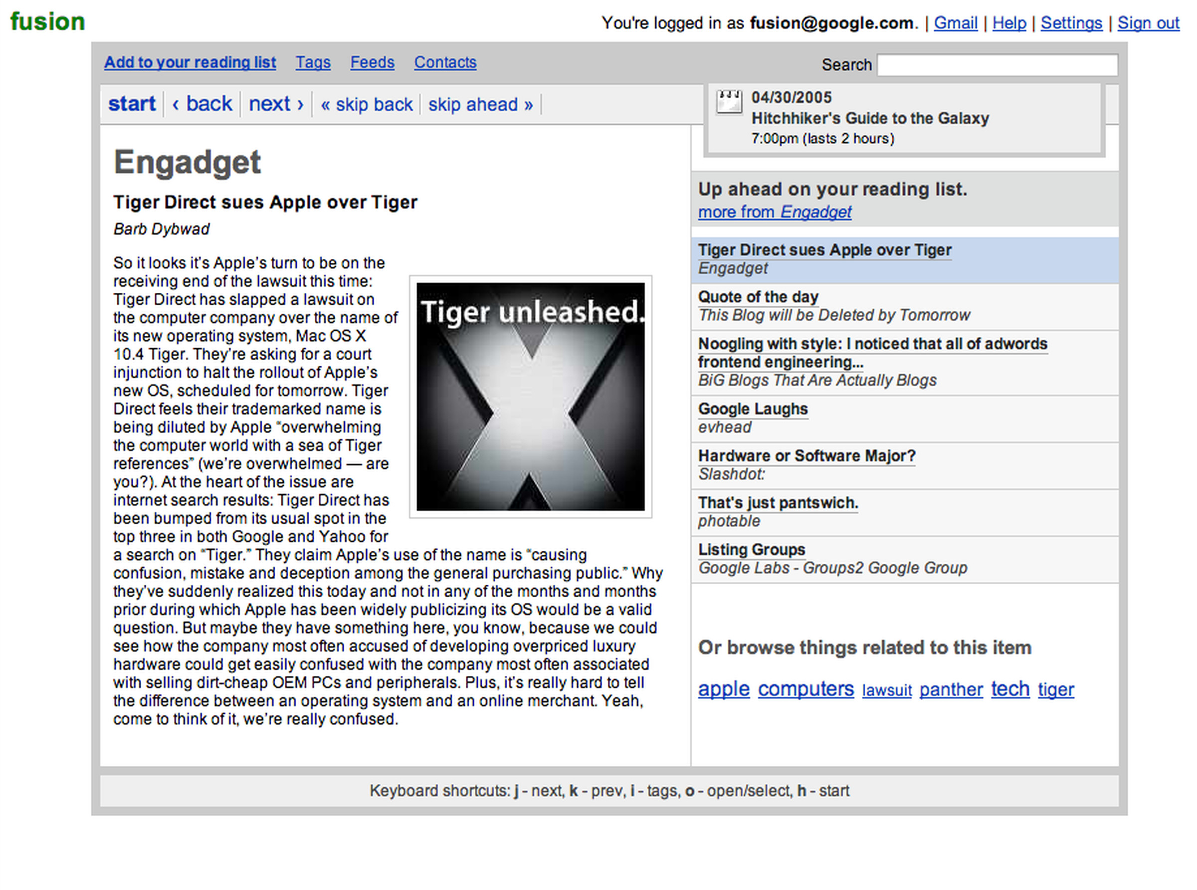 A screenshot of Fusion, an early prototype of the app that became Google Reader.