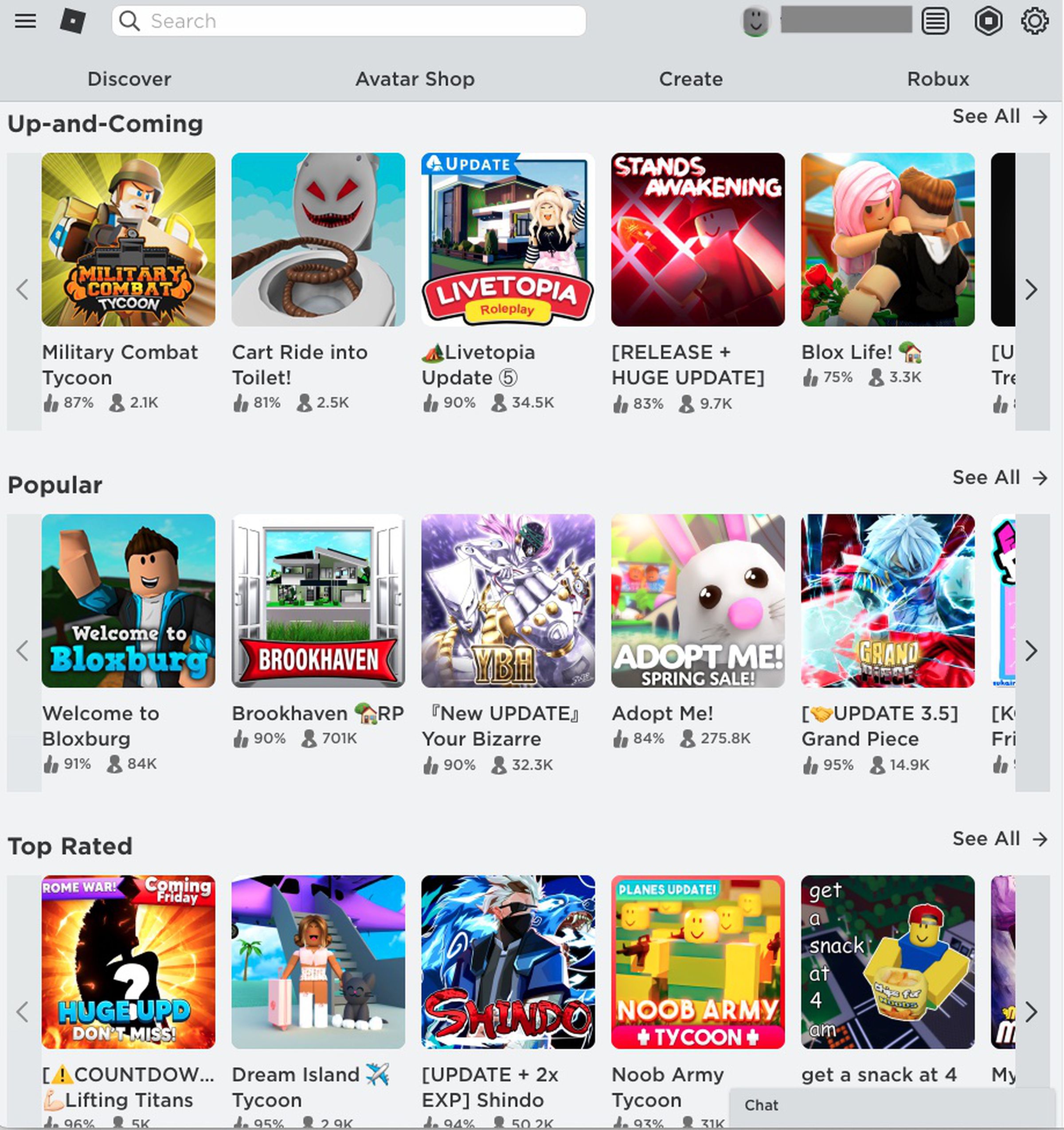 Roblox’s Discover tab.