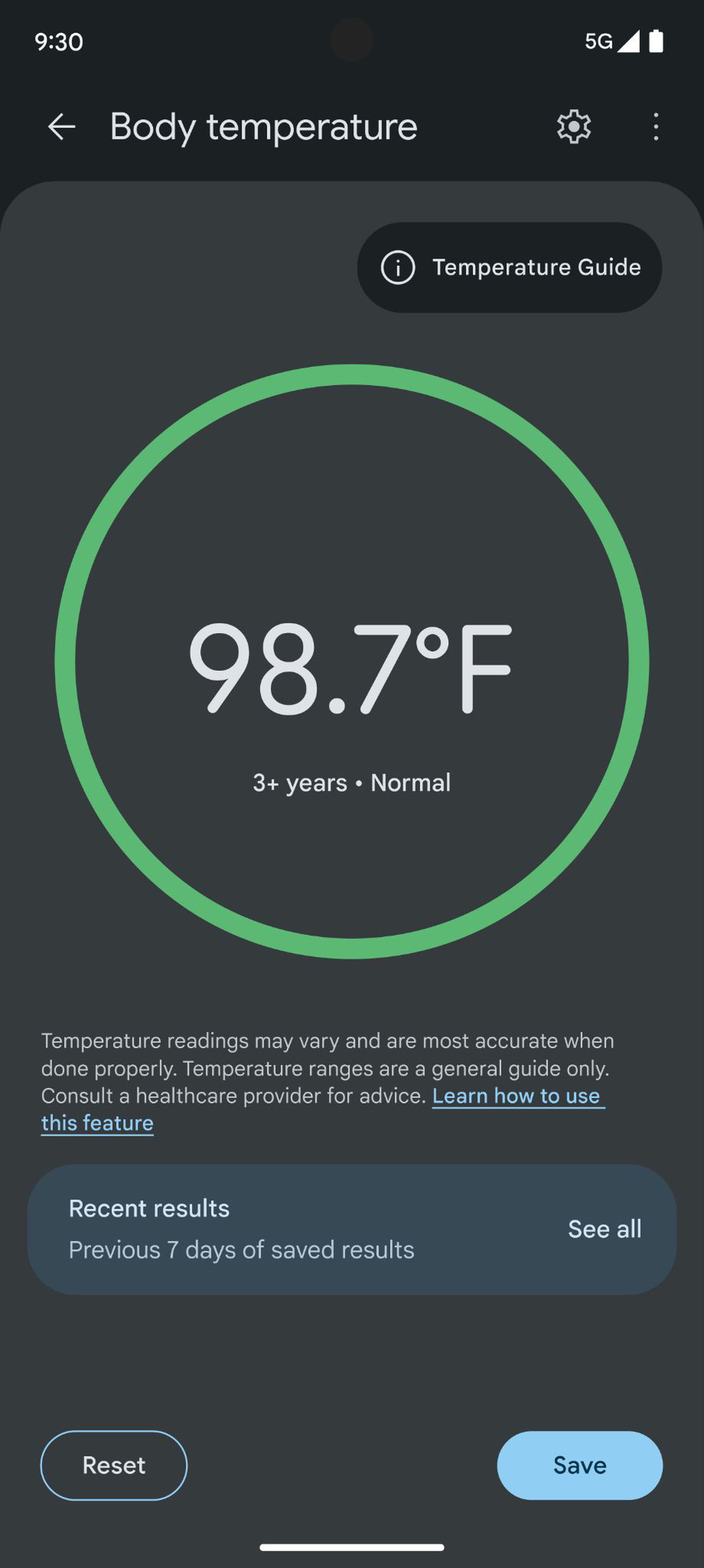 A screenshot of the Pixel 8 Pro thermometer’s body temperature feature.