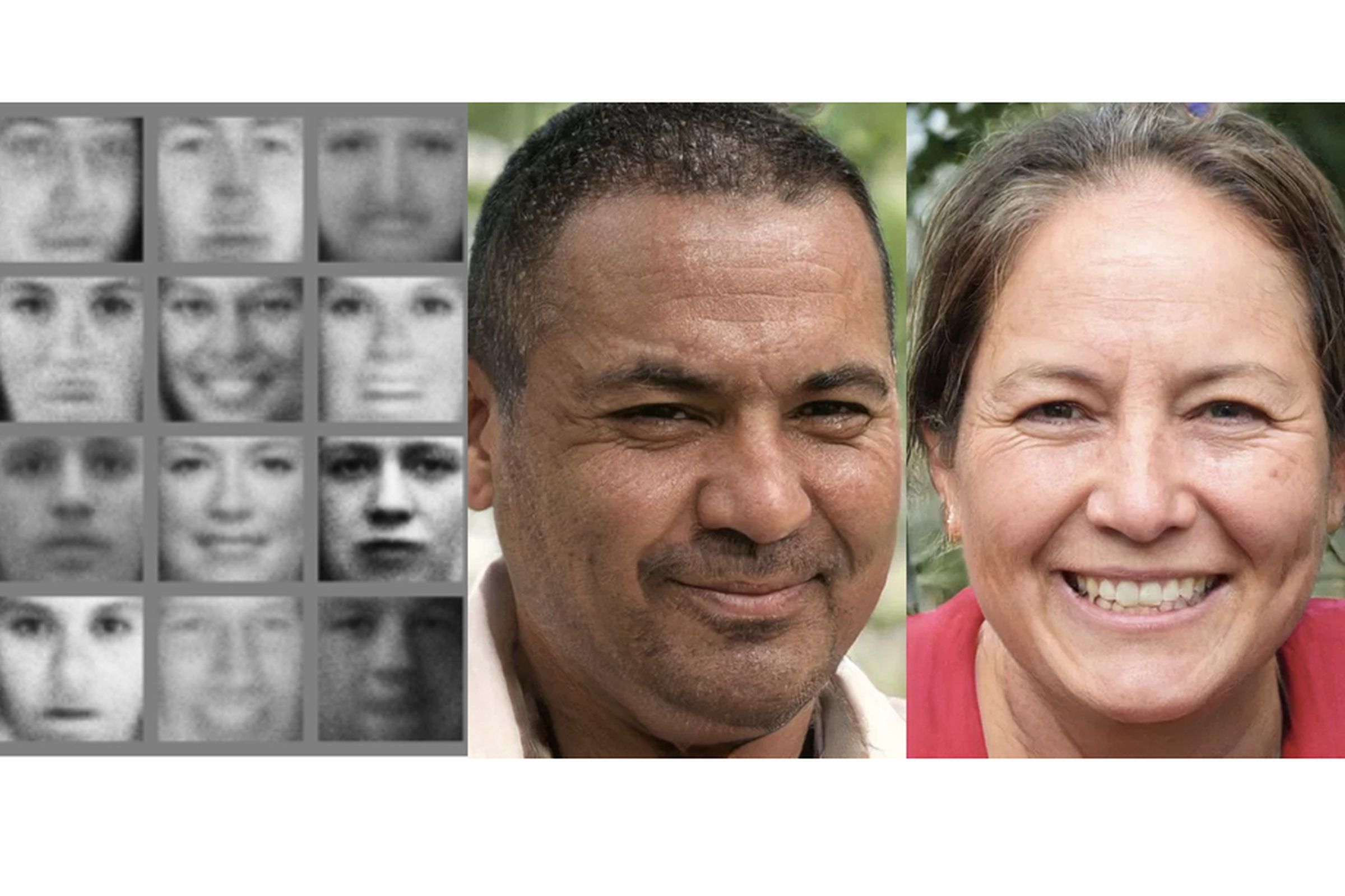The faces on the left were created by AI in 2014; on the right are ones made by AI in 2018. 