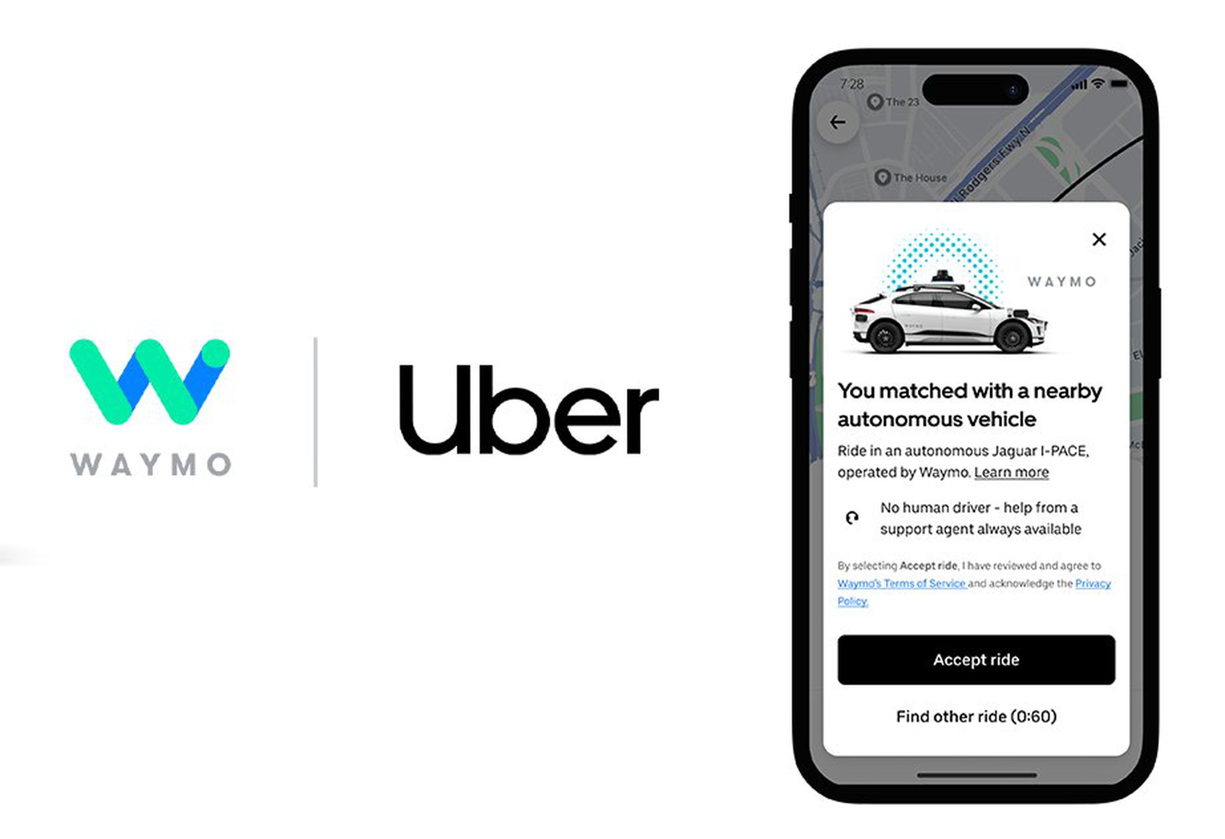 Screenshot of the Uber app on an iPhone prompting a rider to accept a ride with a Waymo-operated autonomous vehicle.