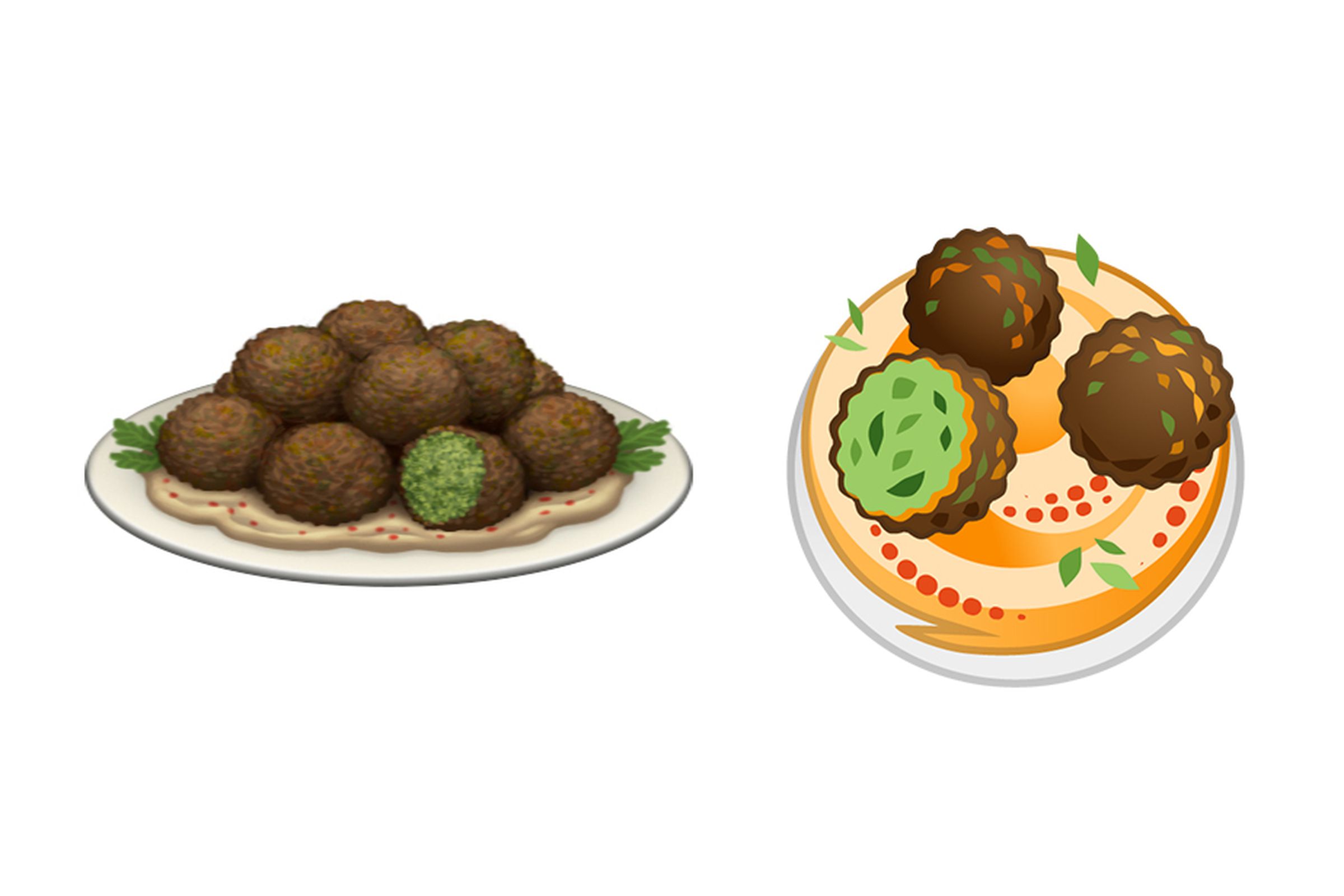 Apple (left) and Google’s (right) take on the falafel emoji.