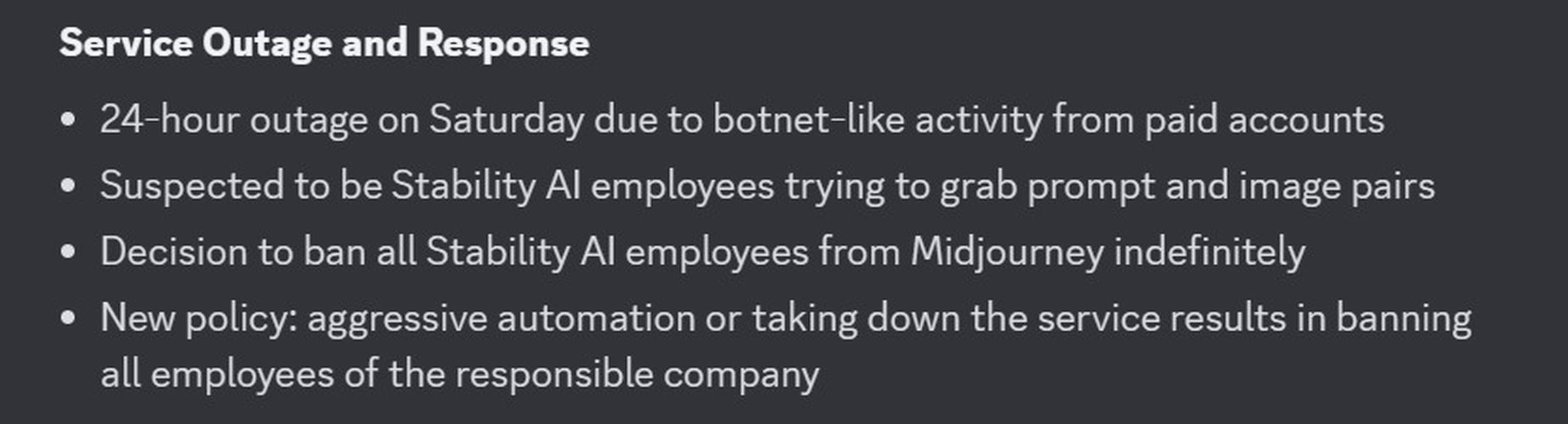 A screenshot taken from MidJourney’s Discord channel discussing action against Stability.AI employees.
