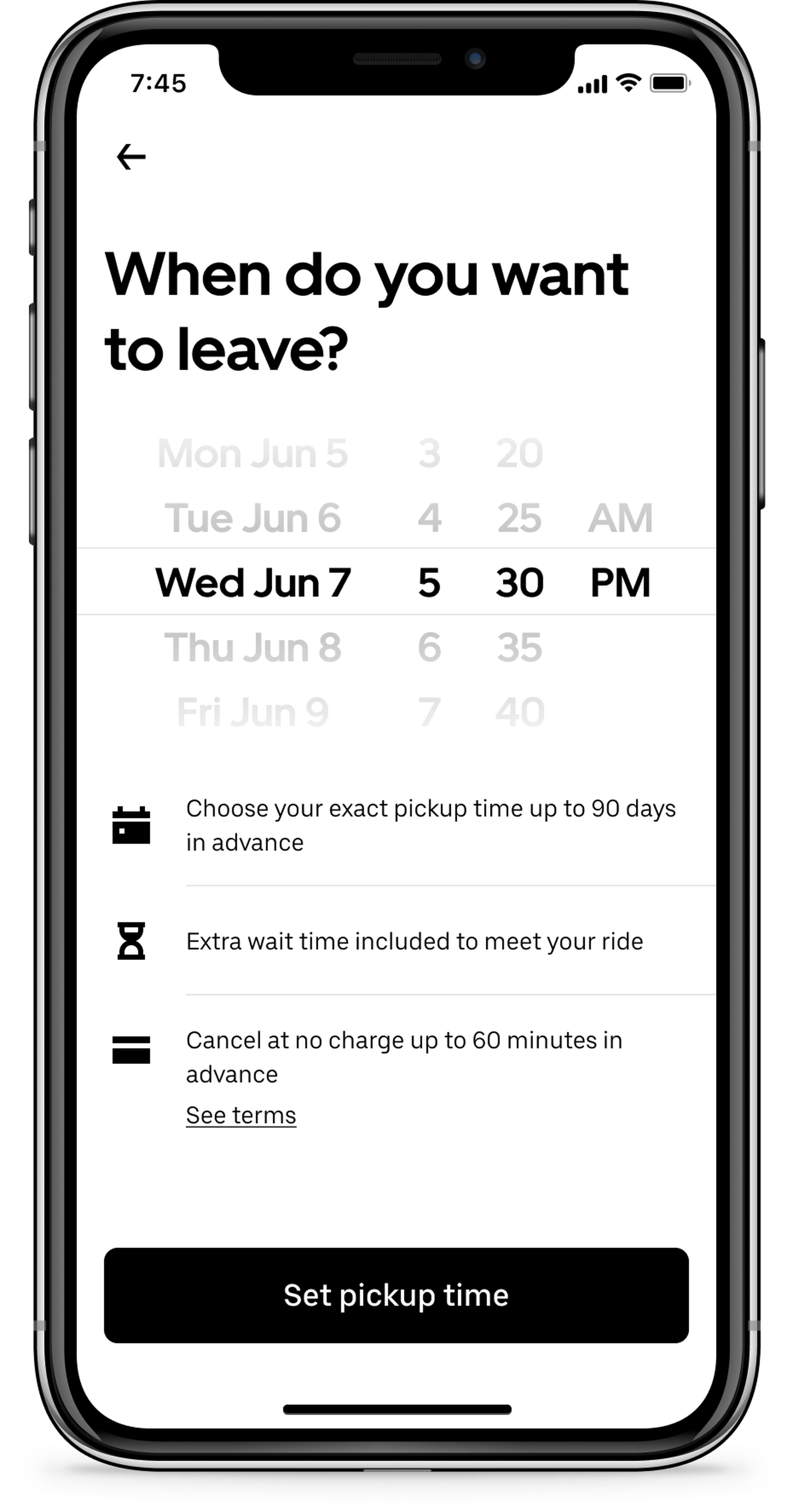 Uber Reserve lets you set a pickup time from the airport and gives you ample time to make it there or let you cancel it up to an hour in advance.