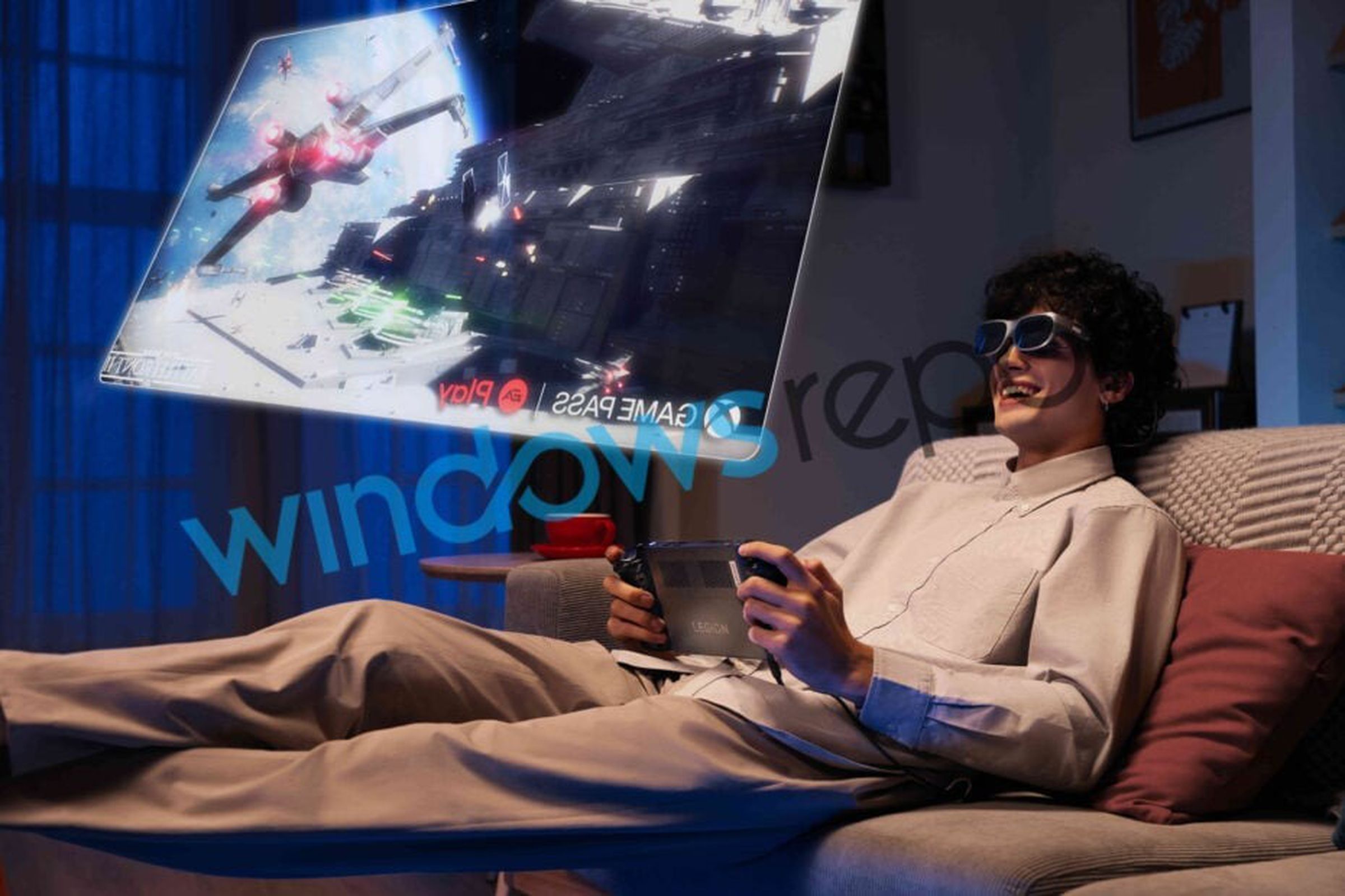 An image of somebody wearing AR glasses plugged into a Legion Go. The AR glasses are projecting a Star Wars game.