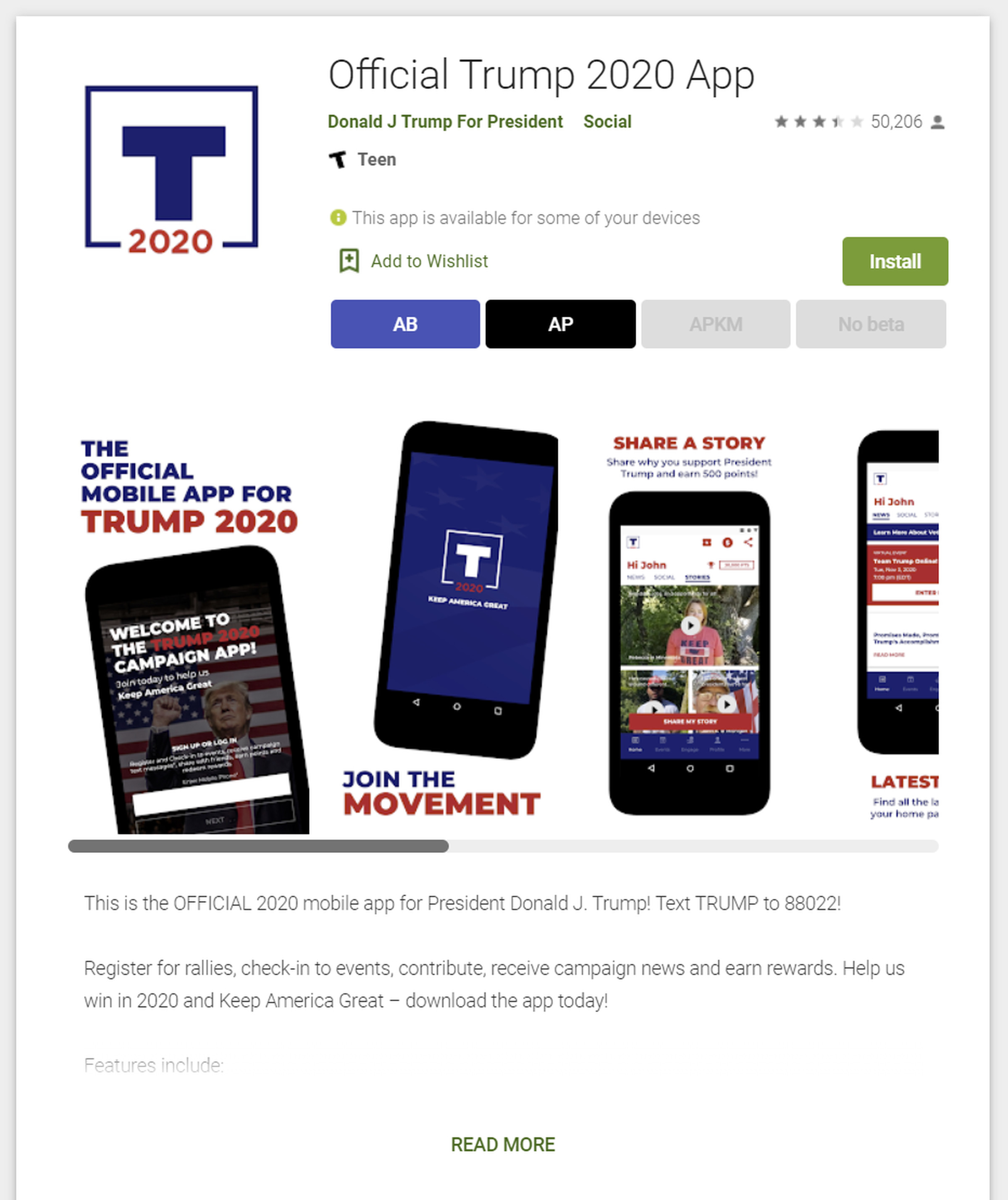 The Official Trump 2020 app page in the Play Store, prior to its removal.