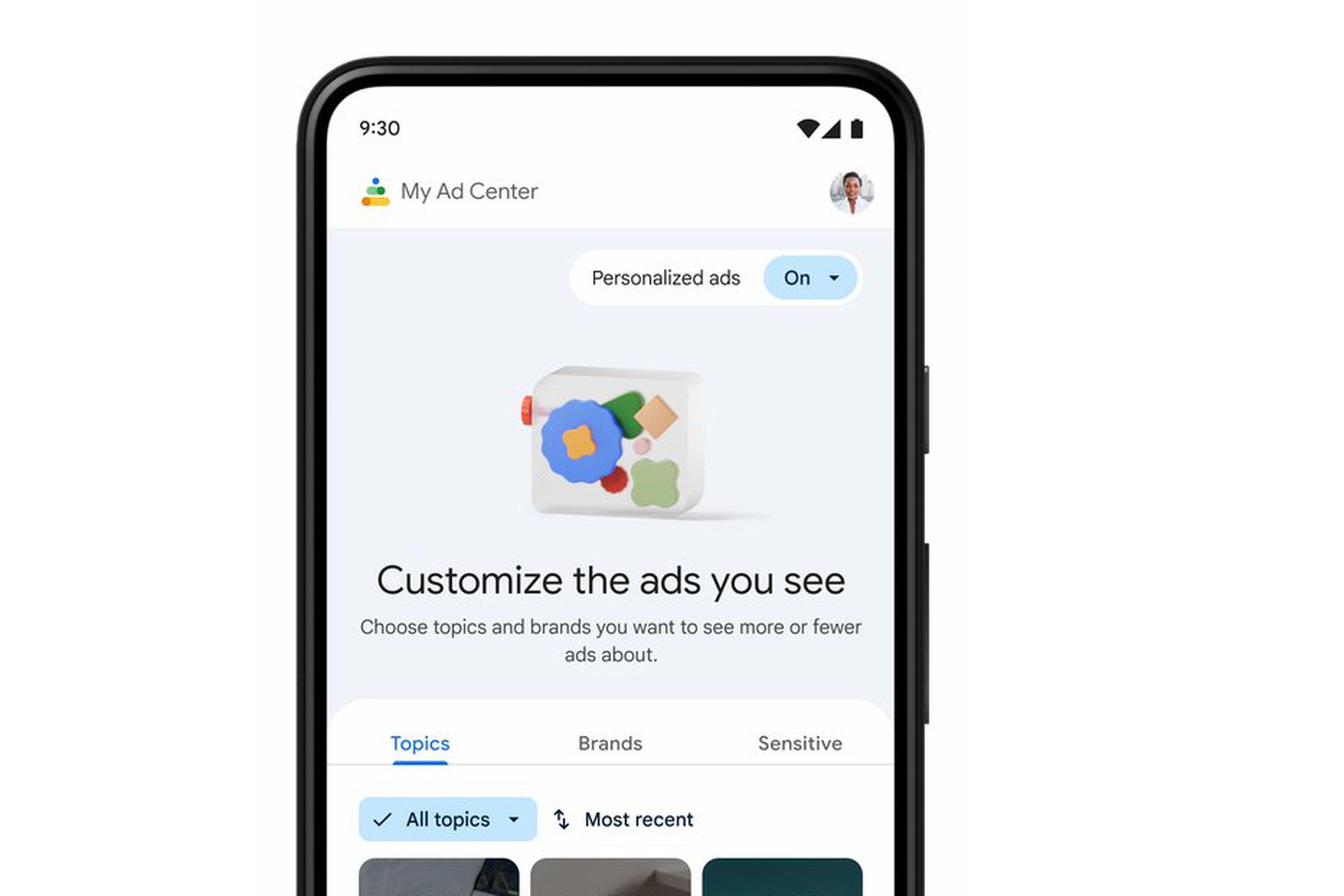 Simulated screenshot of Google My Ad Center on a phone screen, showing ways to “Customize the ads you see” by setting which topics or brands you want to see more or fewer ads about.