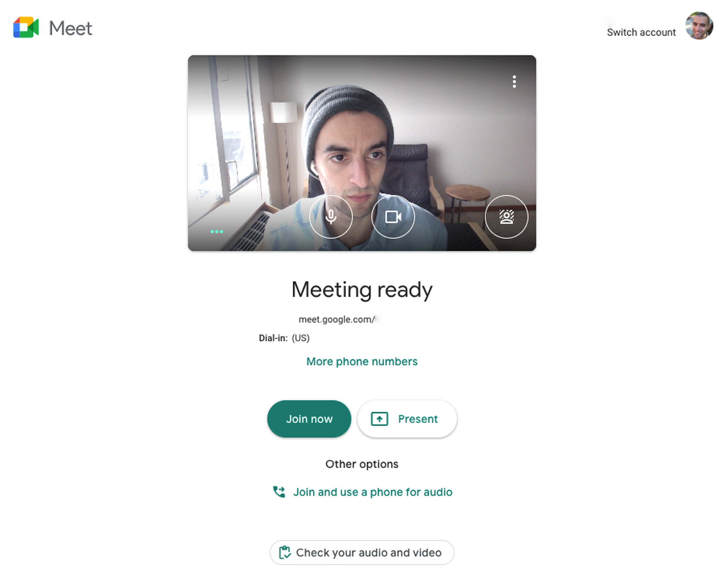 Google Meet’s “green room” lets you check your audio and video.