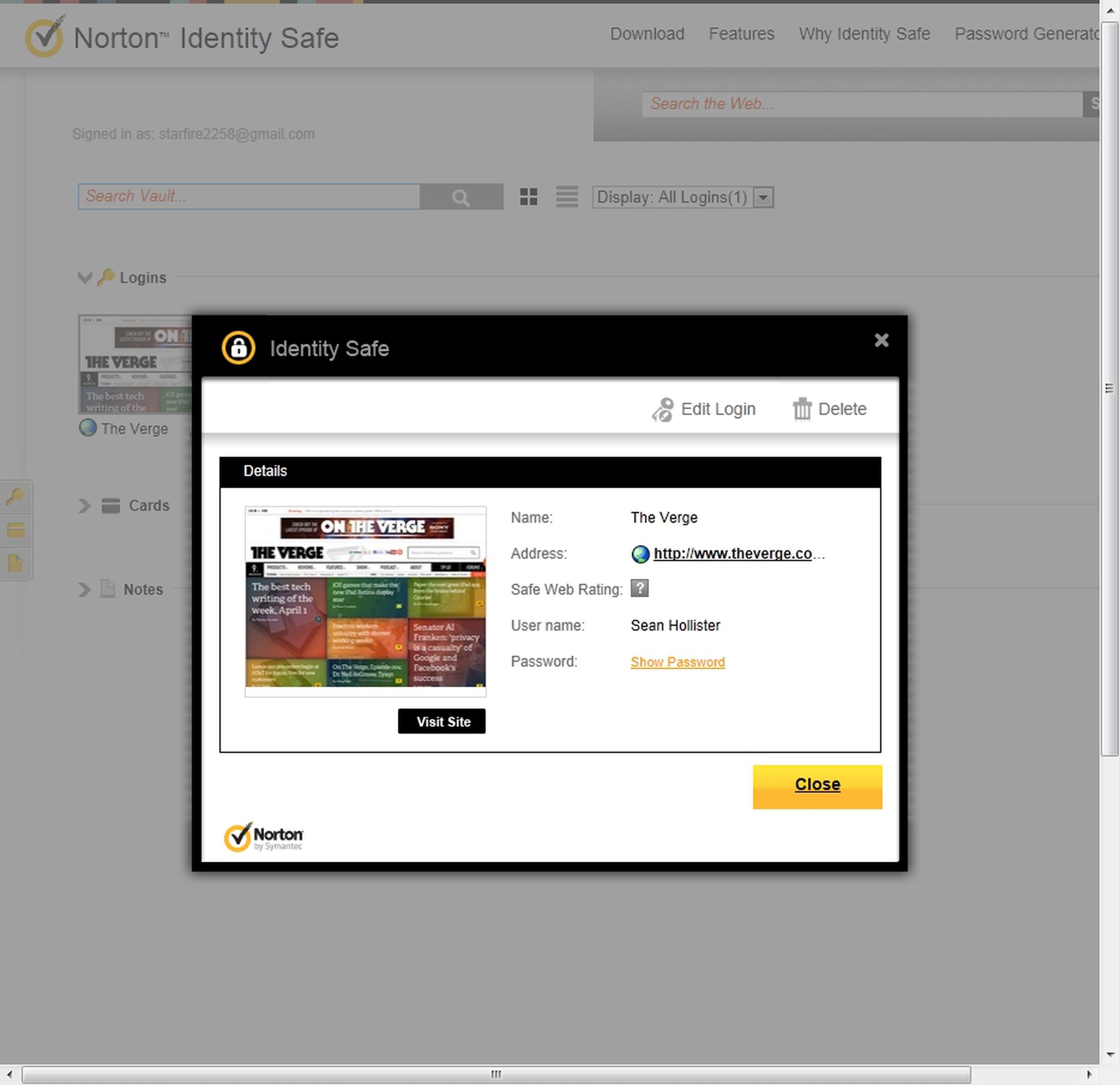 Norton Identity Safe screenshots