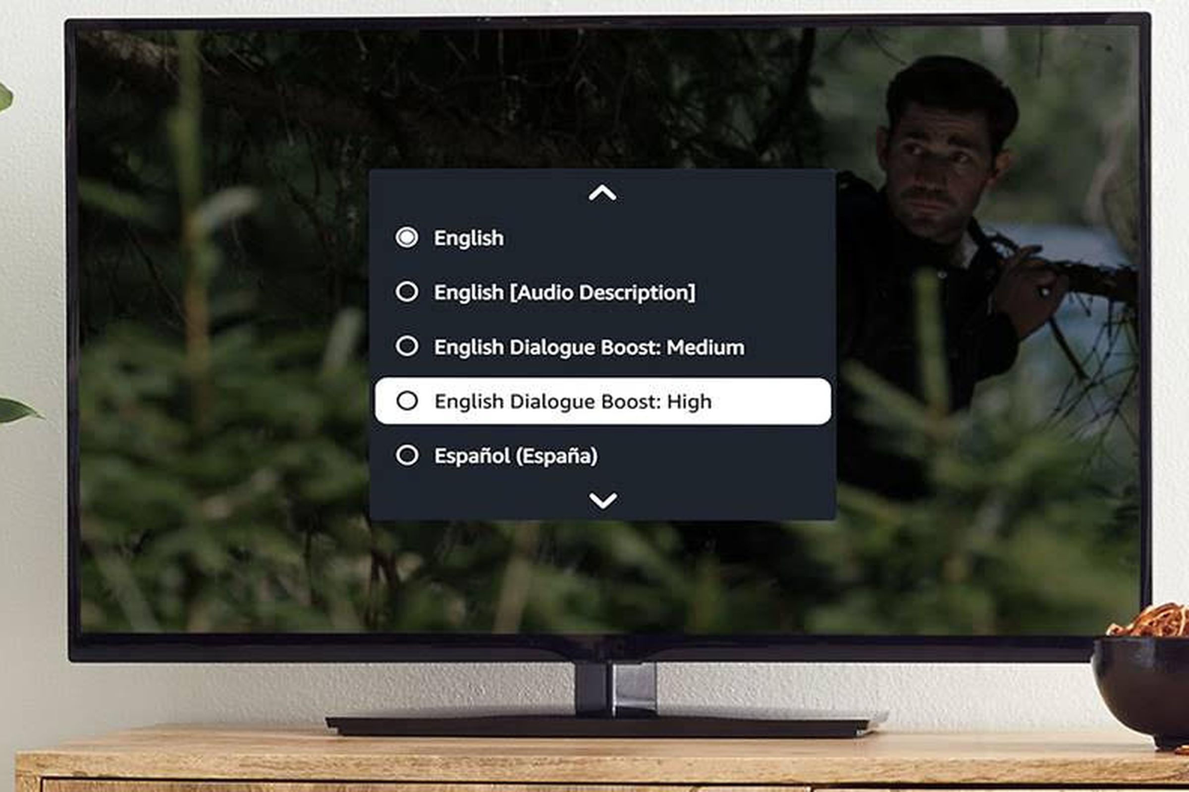 A screenshot of the new Dialogue Boost feature available from Amazon Prime Video.
