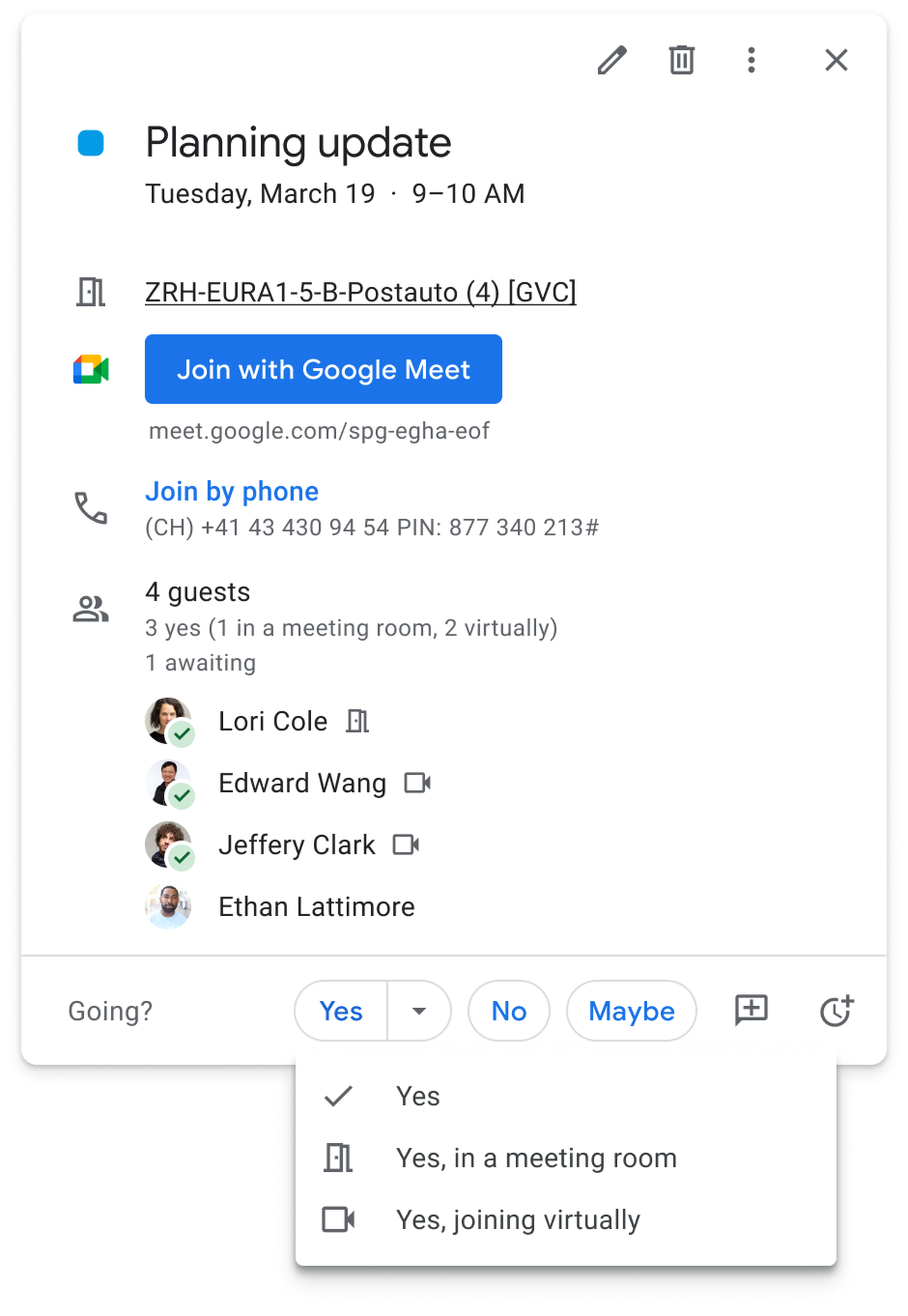 Google’s new event details cards showing virtual and in-person attendees.