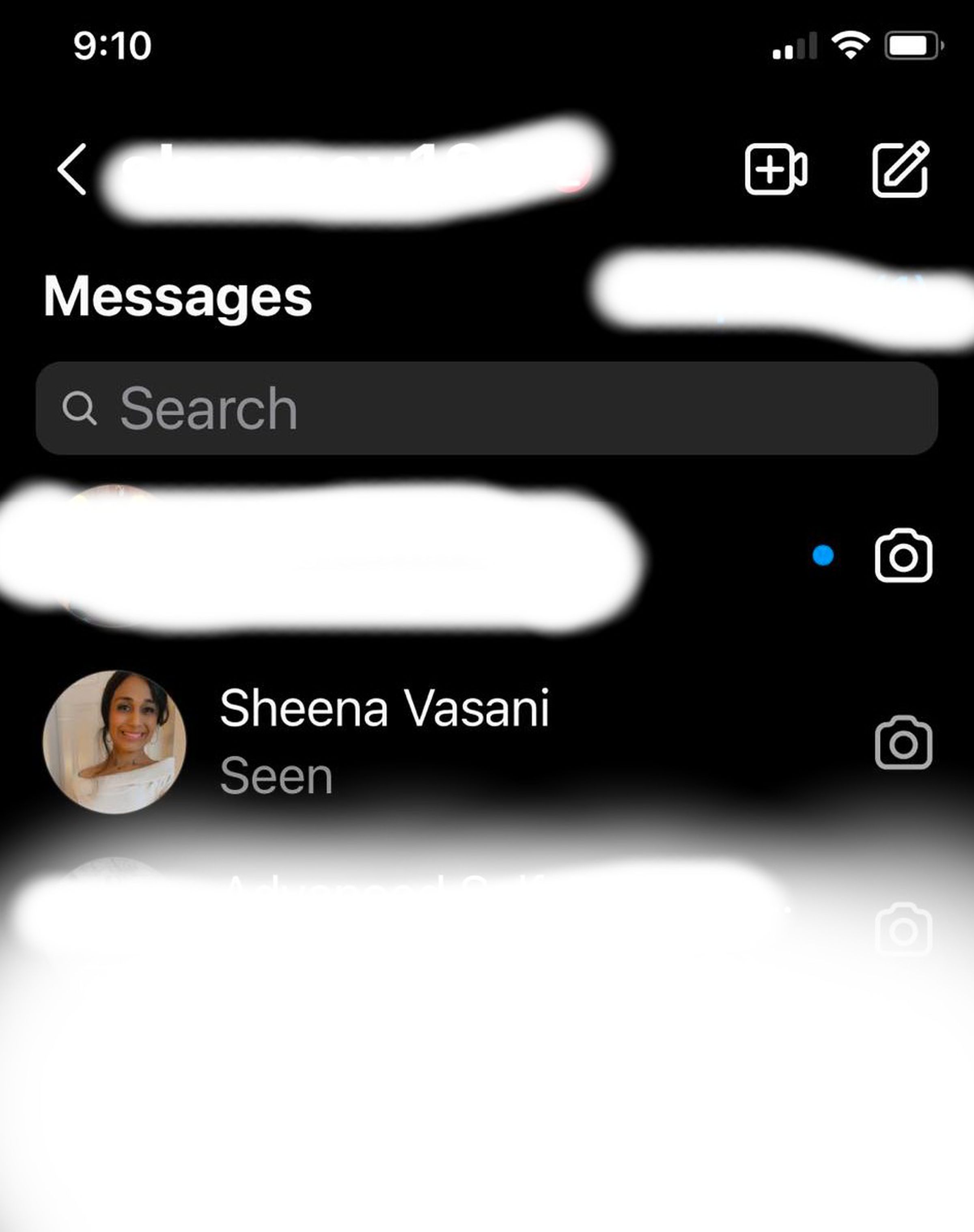 Message feed from Instagram (with messages whited out for privacy).