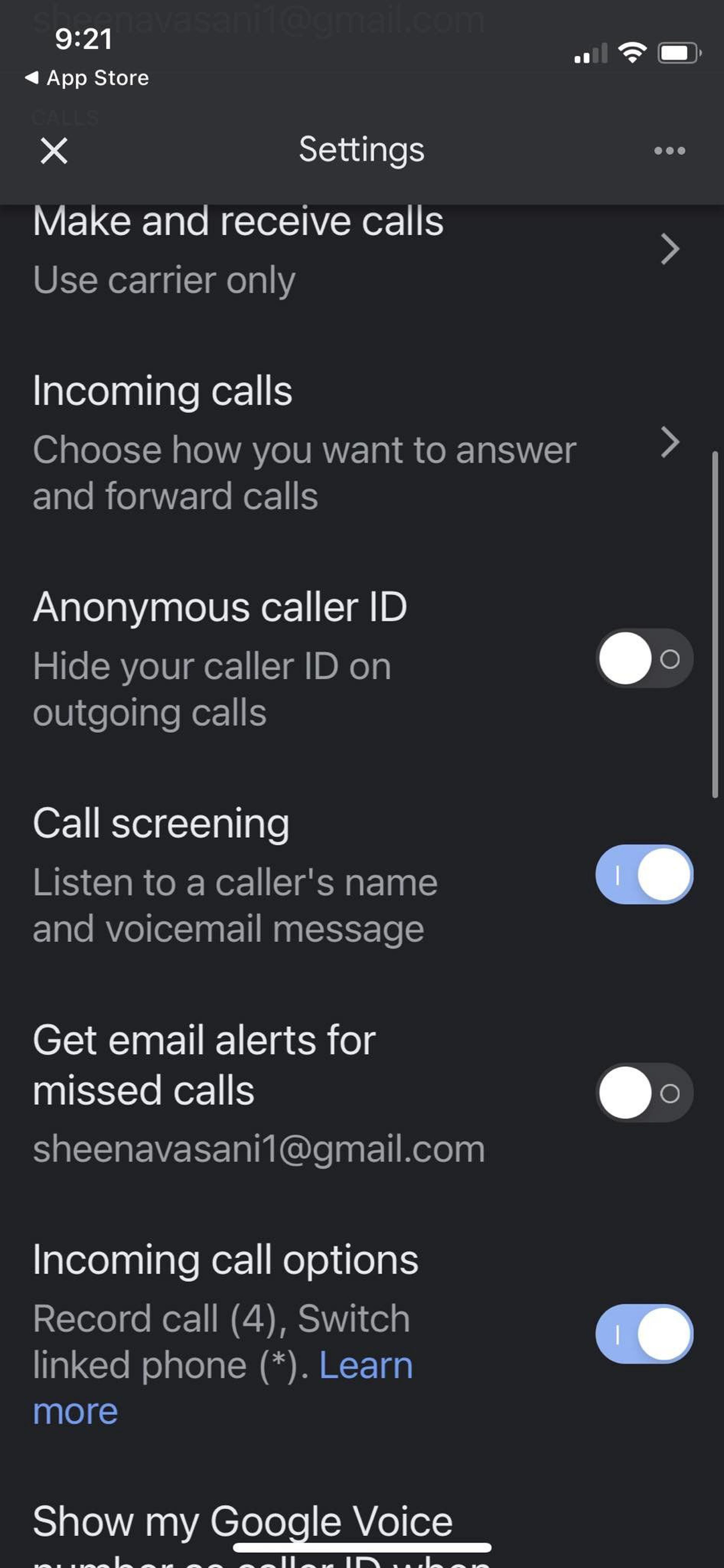 Google Voice settings and calls menu.
