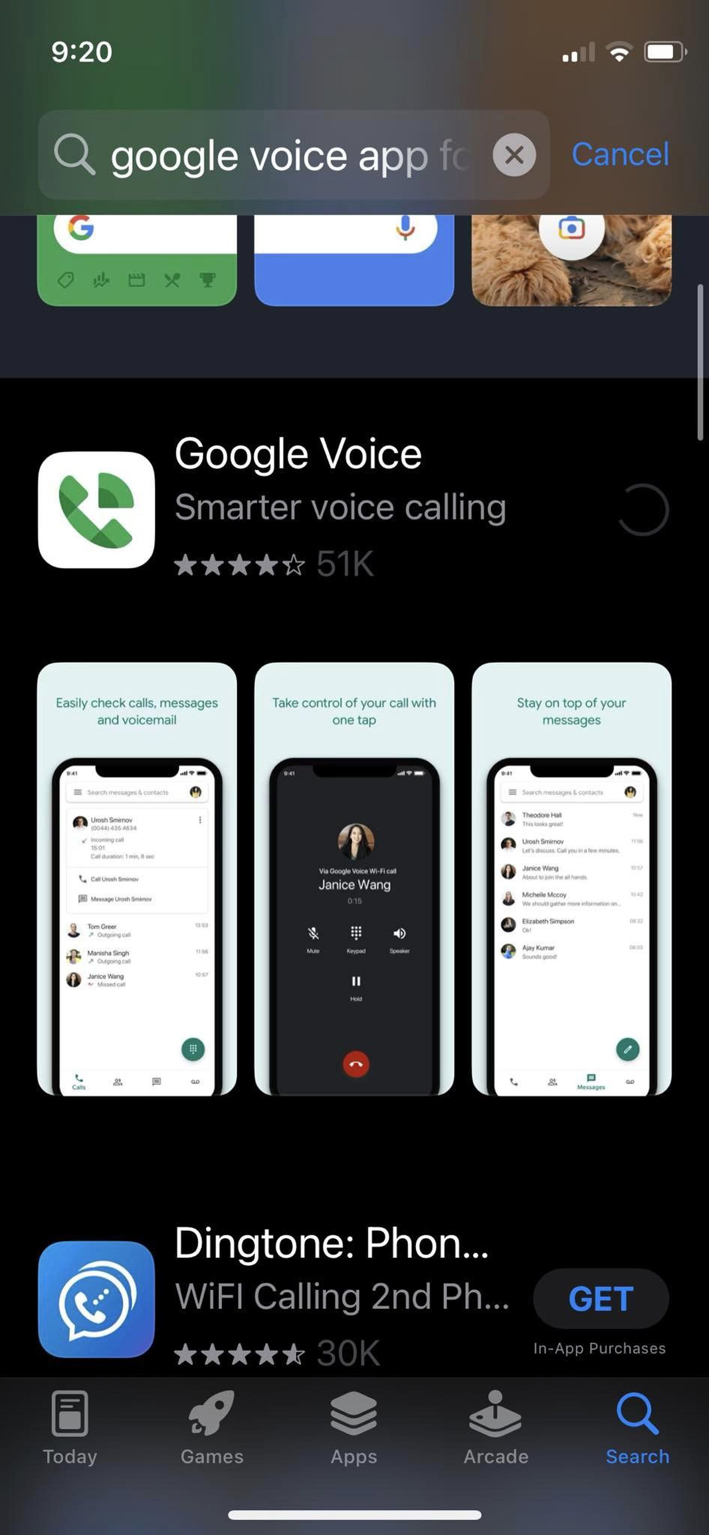 The Google Voice app located in the Apple App Store.