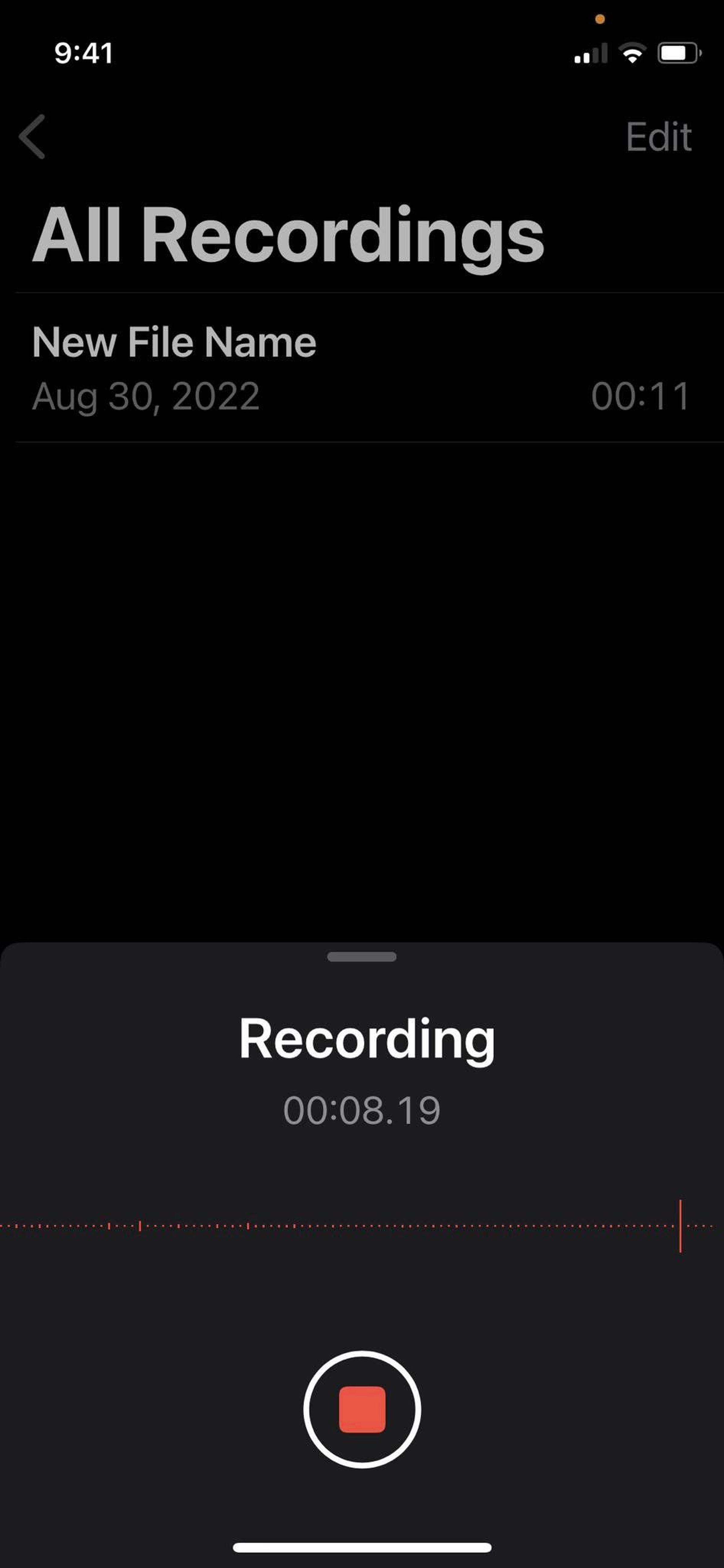 The Voice Memos app opened and recording a file.