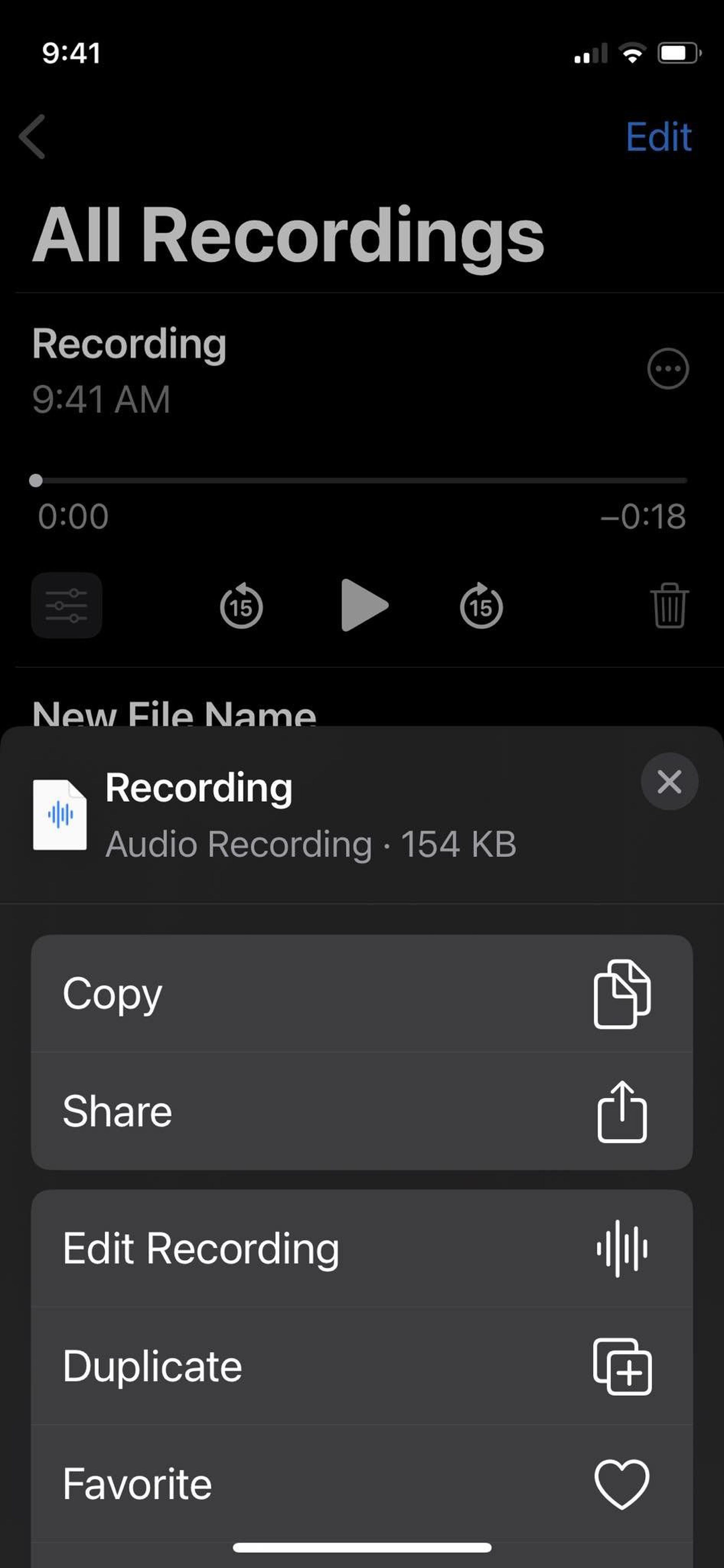 A menu on the Voice Memos app with options to share the file, copy, and more.